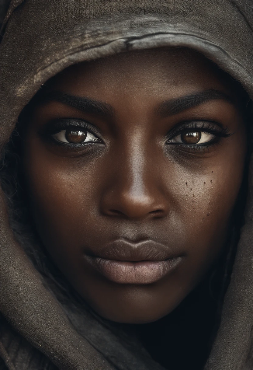 dark-skinned woman with tears in her eyes, sadness, realistic image