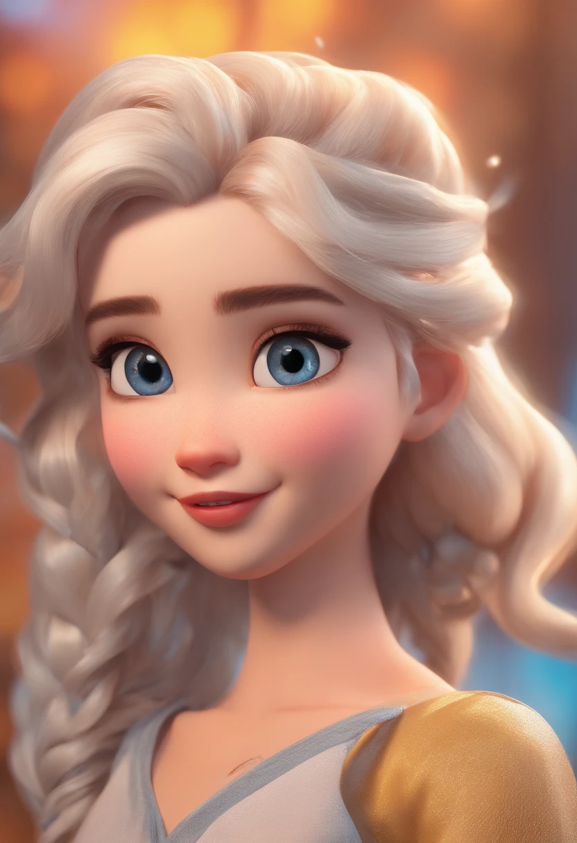 (best quality,masterpiece,photorealistic,ultra-detailed,8k wallpaper:1.2),Chibi,girl (Elsa),alone,full body,smiling,looking in wonder,outdoor