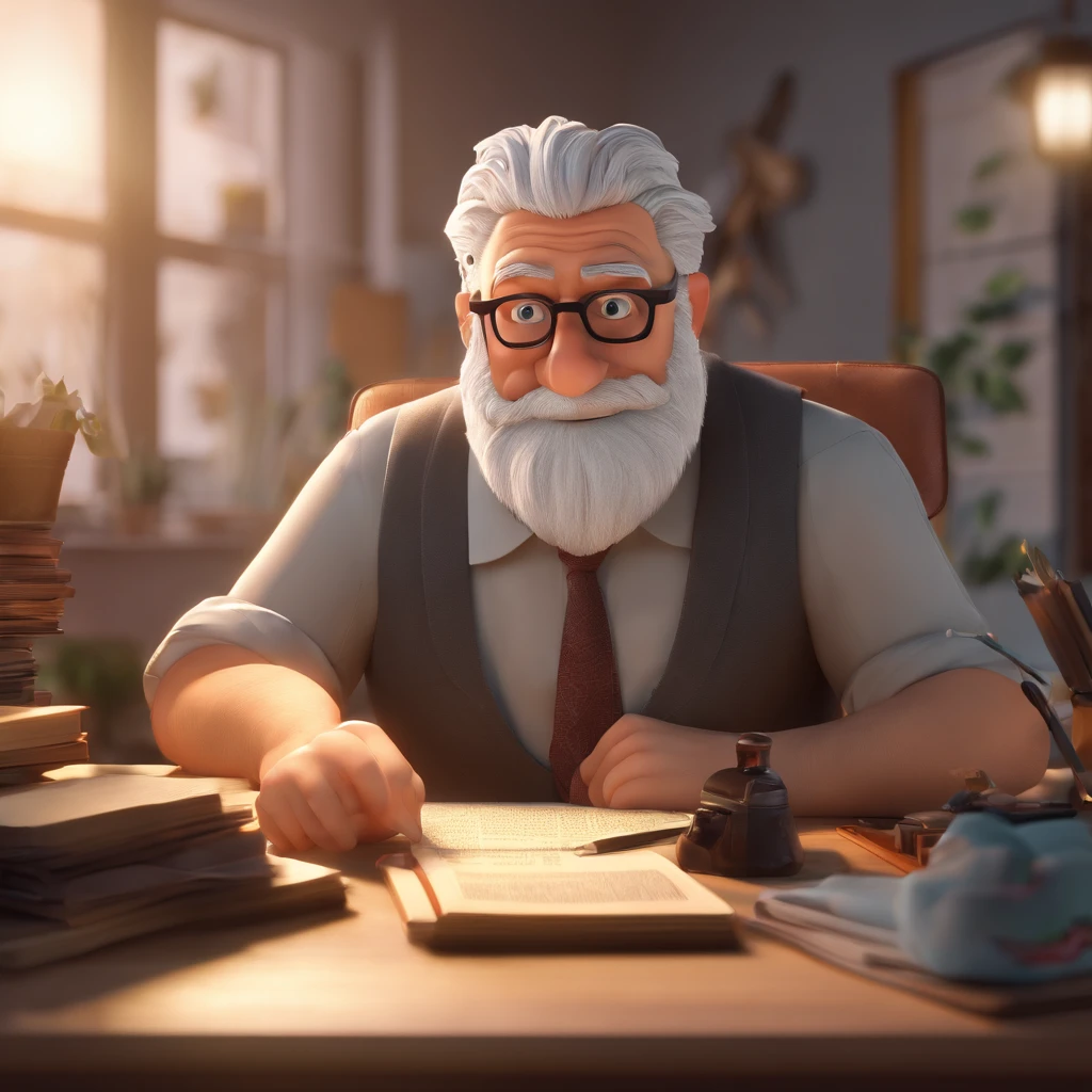 Crie um cartaz inspirado na Disney Pixar com o personagem sendo o pastor Rubens Janier, A gray-haired man wearing glasses, in an office with a Bible on the table, Looking forward and serious