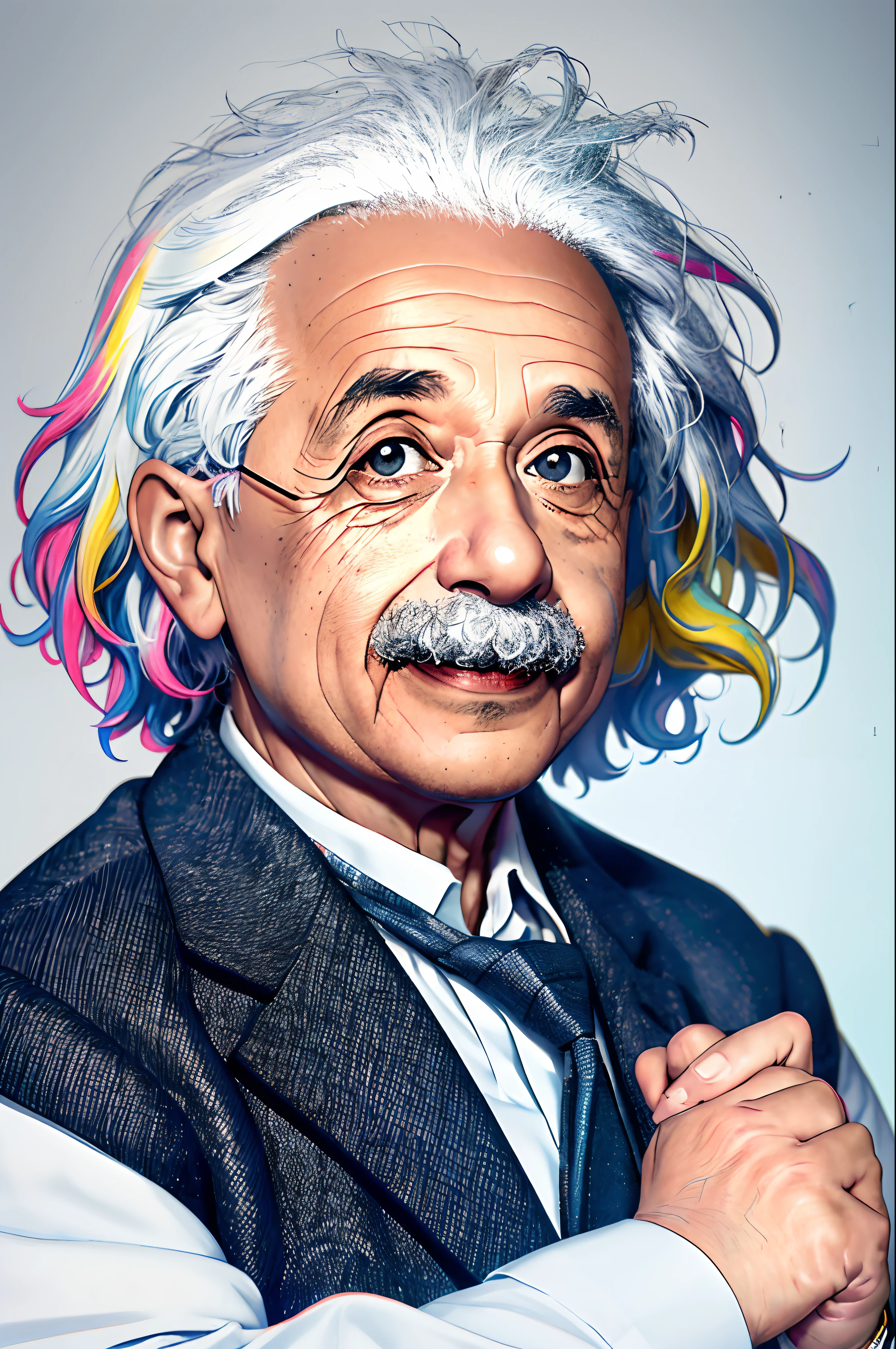 albert einstein, scientist, investigation, chemisty,  retrato, cabelos brancos, short hair, 1st grade, boa qualidade, best quality, Realistic, hyper realistic, ultra realistic,  circunstanciado, extremamente detalhado, foco facial, concentrado, desfoque de fundo, messy hair, 
Quarto Antigo, sentado, Sorriso leve, Olhando para o Viewer, parte superior do corpo, fundo multicolorido,