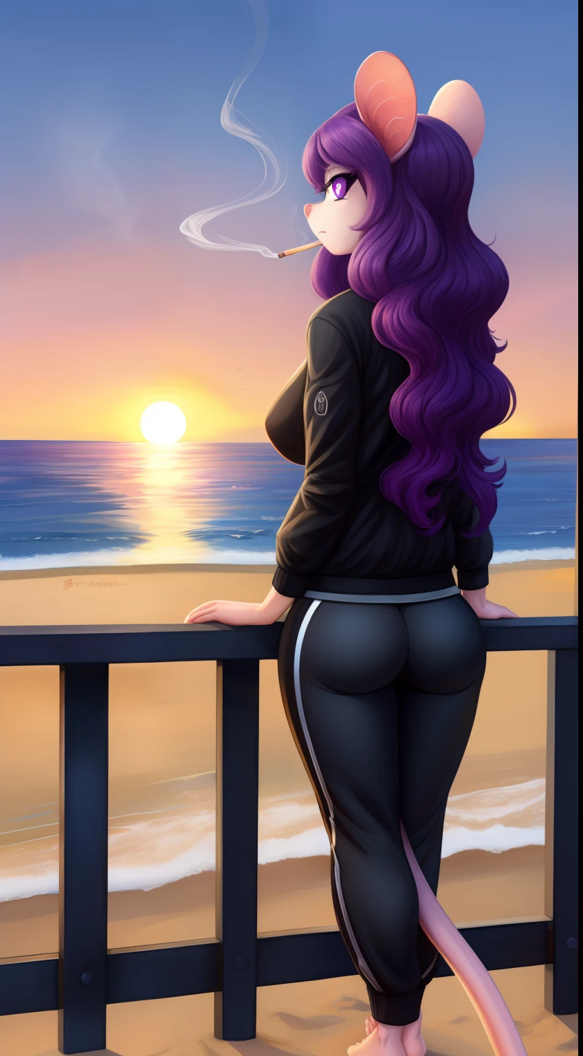 Mouse,1girl,gray colored skin,long hair,wavy hair,purple hair,masterpiece,best quality,smoking,sunset,black jacket,exercise pants ,barefoot,purple eyes, medium breasts, tall stature, long tail, ,no makeup,expressionless,bzeh art style,old port scene,looking at the beach,back focus,leaning on the handrail,tail coming from her lower back,long tail,tail,tail,tail,