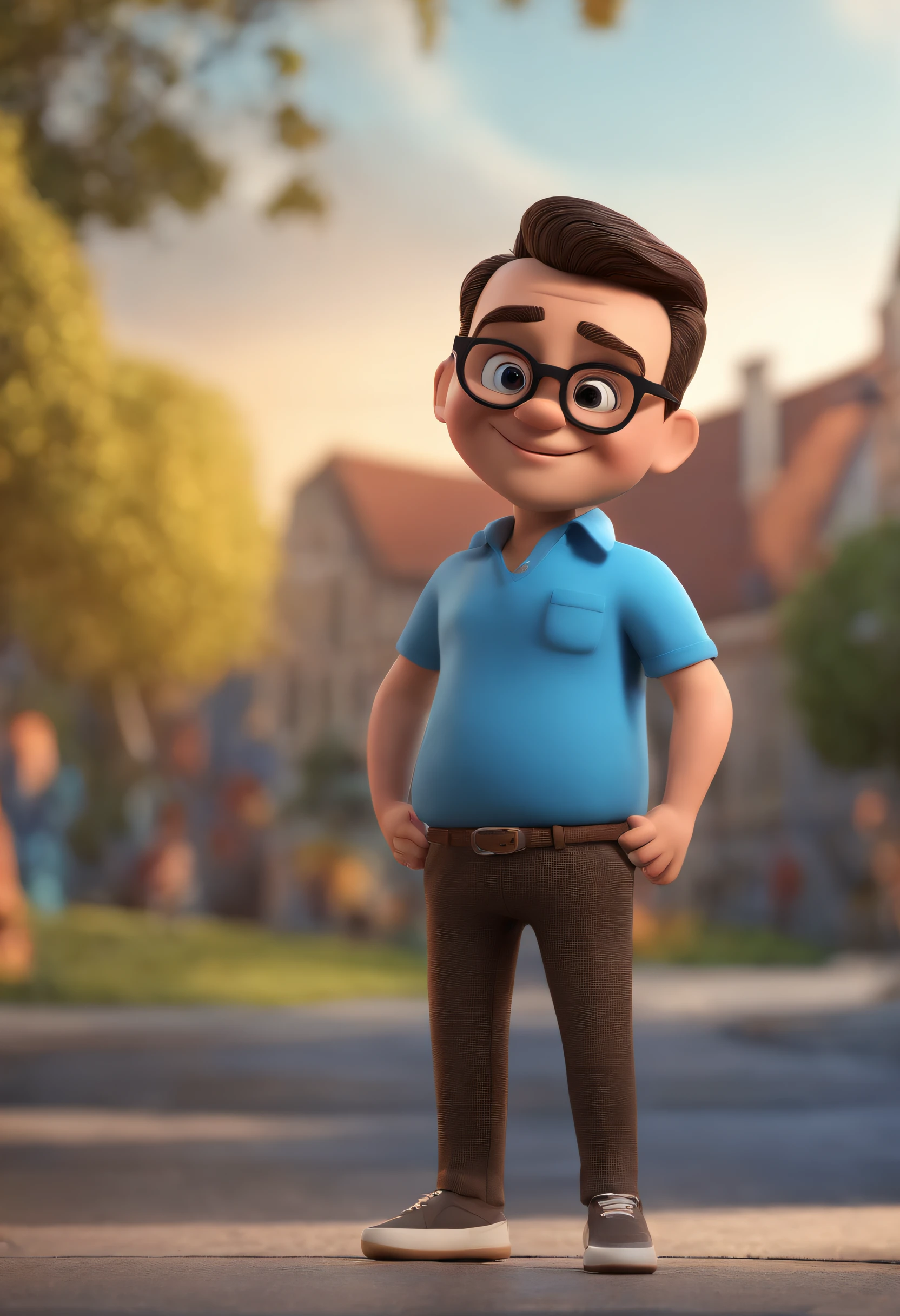 Cartoon character of a man with black glasses and a blue shirt, animation character, Caractere estilizado, animation style rendering, 3D estilizado, Arnold Maya render, 3 d render stylized, toon render keyshot, Personagem 3D, Personagem 3D, 3d rendering stylized, 3 d character render, personagem de desenho animado, Personagem de close up, Pose de personagem,  (Estilo Pixar) (master part:1.2) (Bokeh) (best quality) (pele detalhada) (textura detalhada) (8k) (argila) (Cinematic lighting) (foco nítido