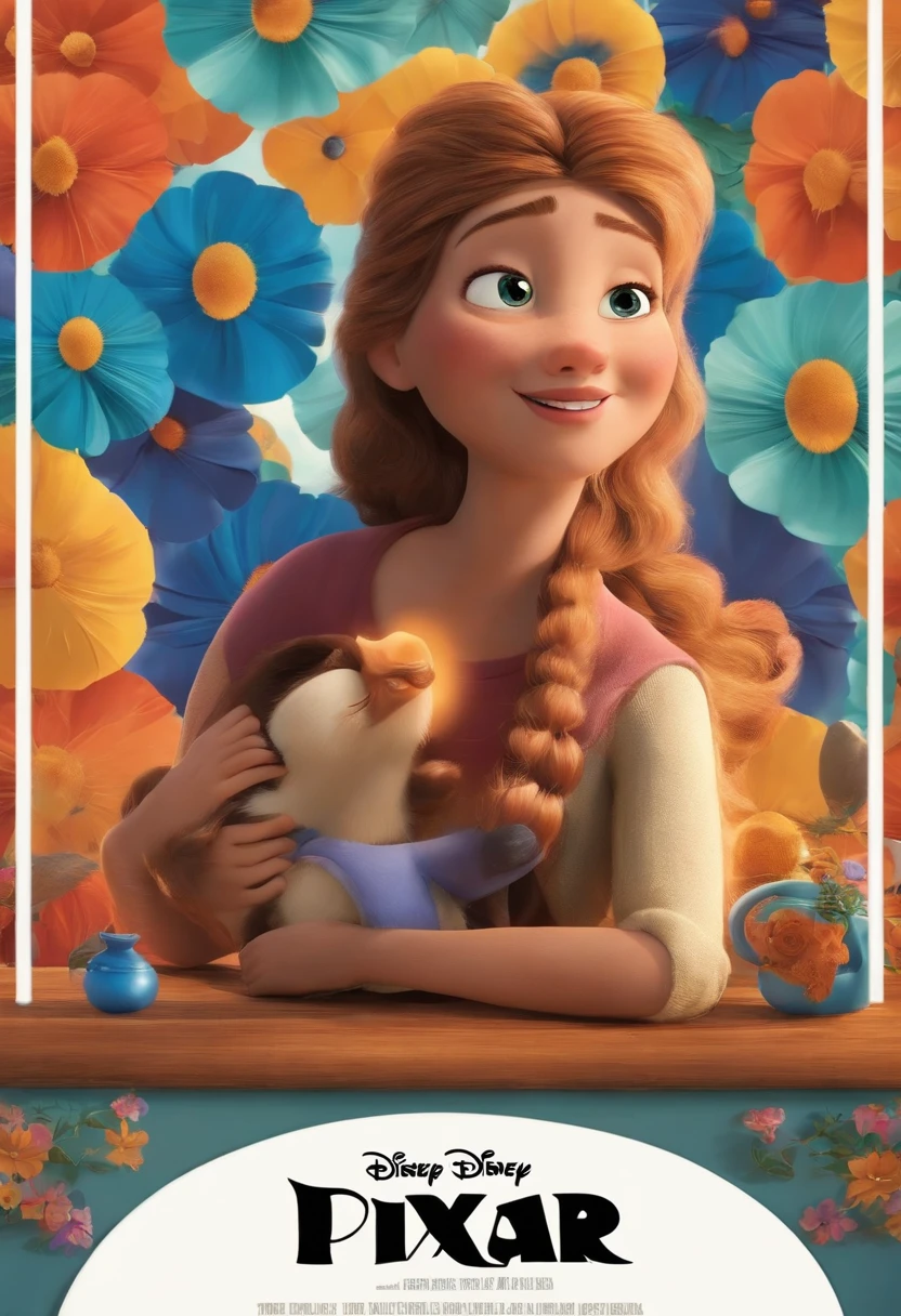 Um filme inspirado na Disney Pixar (mulher de 40 anos, pele branca, cabelos compridos, liso, olhos cor de mel) The scene being in the distinctive art of the PIXAR style, descolada e estilosa
