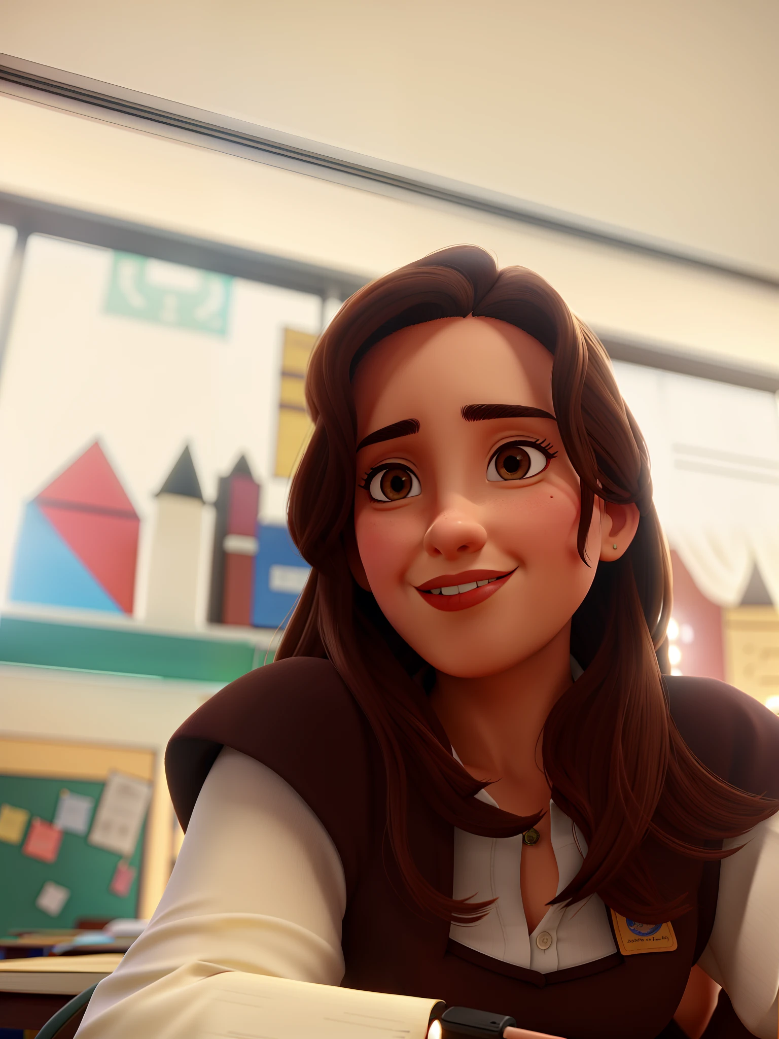 Uma mulher professora branca, cabelos castanhos, Brown eyes and thick lips on his desk in classroom