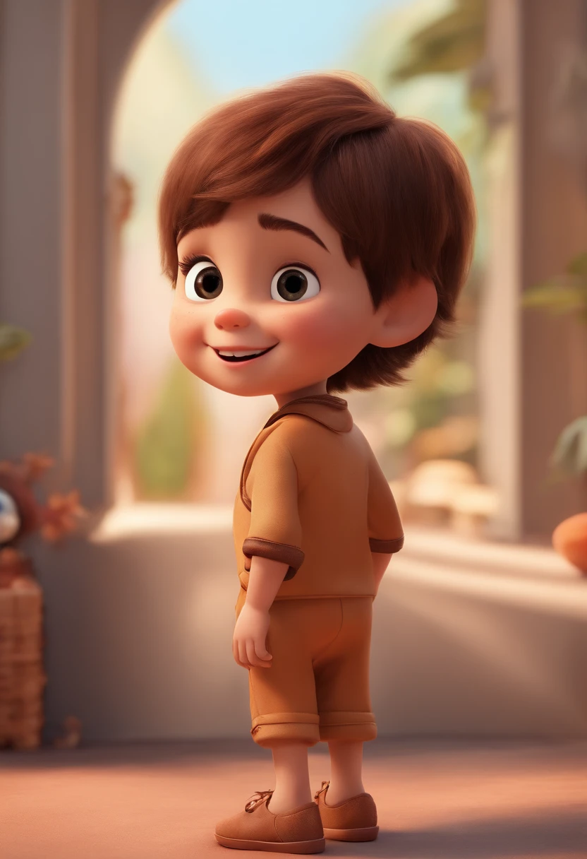 a happy cute ??? standing short hair, vestindo uma fantasia espacial, , fundo branco, barnet, Tom, Estilo Pixar, ....3d, desenhos animados, Head a bowl of acai bolw, asymmetrical 16k