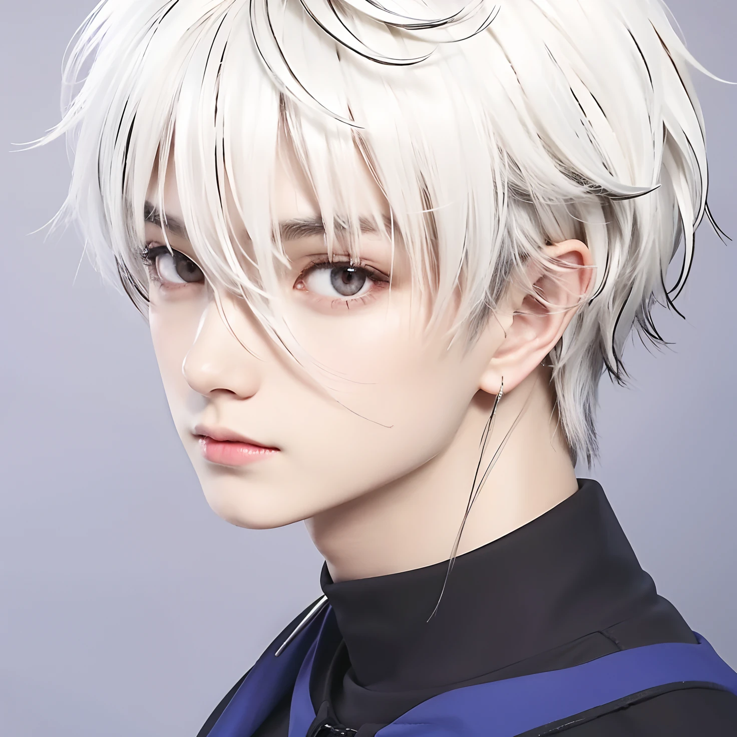 A teenage boy with realistic white hair, exactly the same hairstyle, realistic brown eyes, realistic Korean handsome face, realistic cool expression,Adapt exact clothing, realistic light, realistic background
