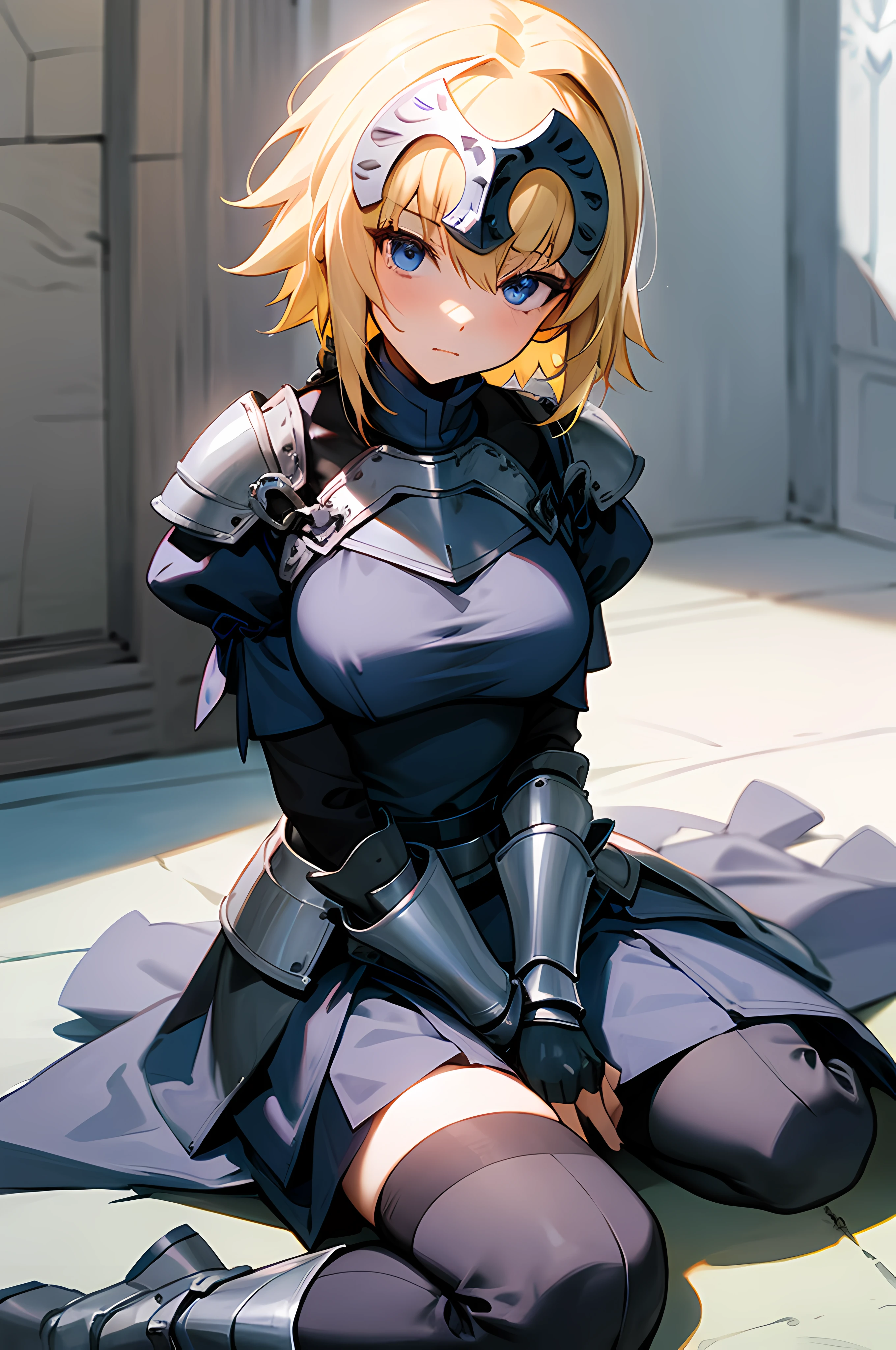 1girl, solo, (masterpiece), best quality, expressive eyes, perfect face, jeannedarc, jeanne darc, blonde hair, blue eyes, long hair, armor, armored boots, armored dress, black gloves, black thighhighs, braid, dress, gauntlets, gloves, headpiece, blue dress, single braid, thighhighs, sitting on the floor, portrait, looking at viewer, from frontal