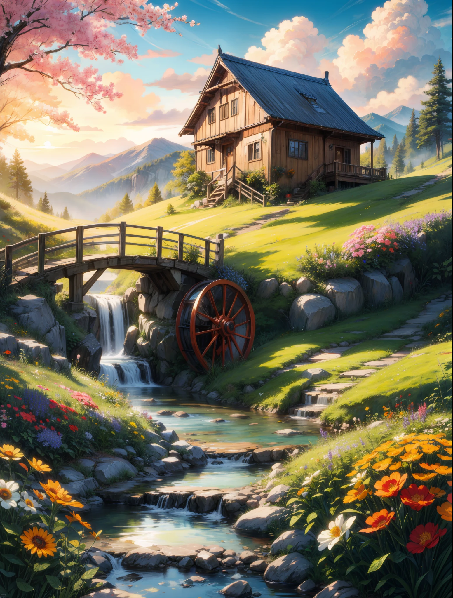 painting of a mountain garden paradise, beautiful scenery,bushes, ((colorful flowers:1.2)), sunlight over grass and flowers, dew, ((glistening look)), ((blue)) color stream water,waterwheel,dusk,waterfall,4k hd, cloud,beautiful art uhd 4 k, a beautiful artwork illustration, beautiful digital painting, highly detailed digital painting, beautiful digital artwork, detailed painting 4 k, very detailed digital painting, rich picturesque colors, gorgeous digital painting