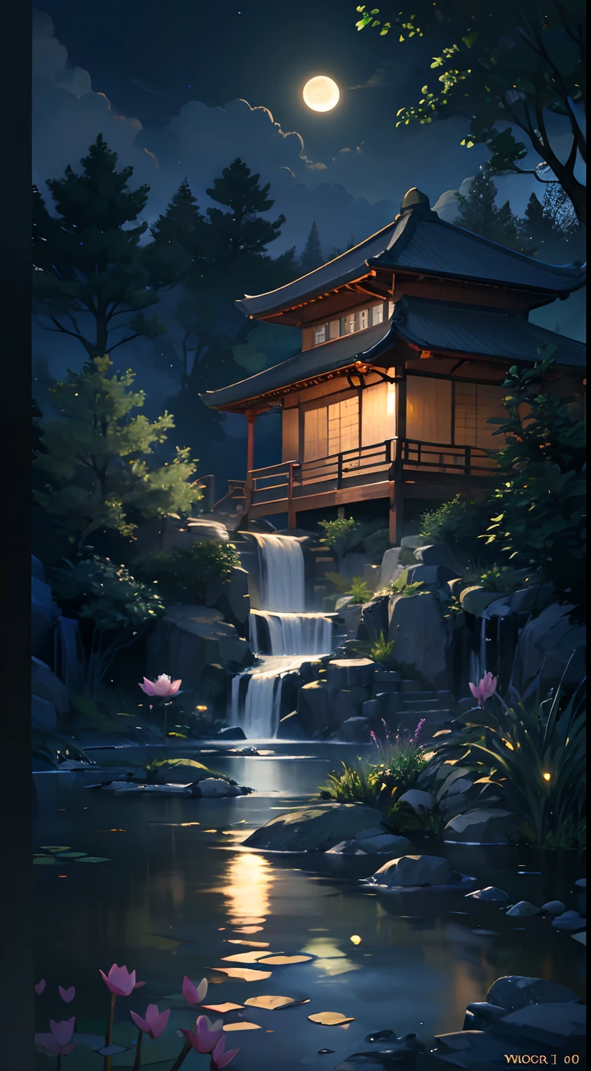 16:9 Full picture, ancient Chinese architecture, hazy moon, night, garden, bamboo, lake, stone bridge, rockery, arch, corner, rockery, tree, running water, landscape, outdoor, waterfall, grass, rock, water lily, hot spring , Water Vapor, (Illustration: 1.0), Epic Composition, Detail Enhancement, Detail Enhancement. Realistic lighting, HD details, masterpiece, best quality, (very detailed CG unity 8k wallpaper), (best quality)