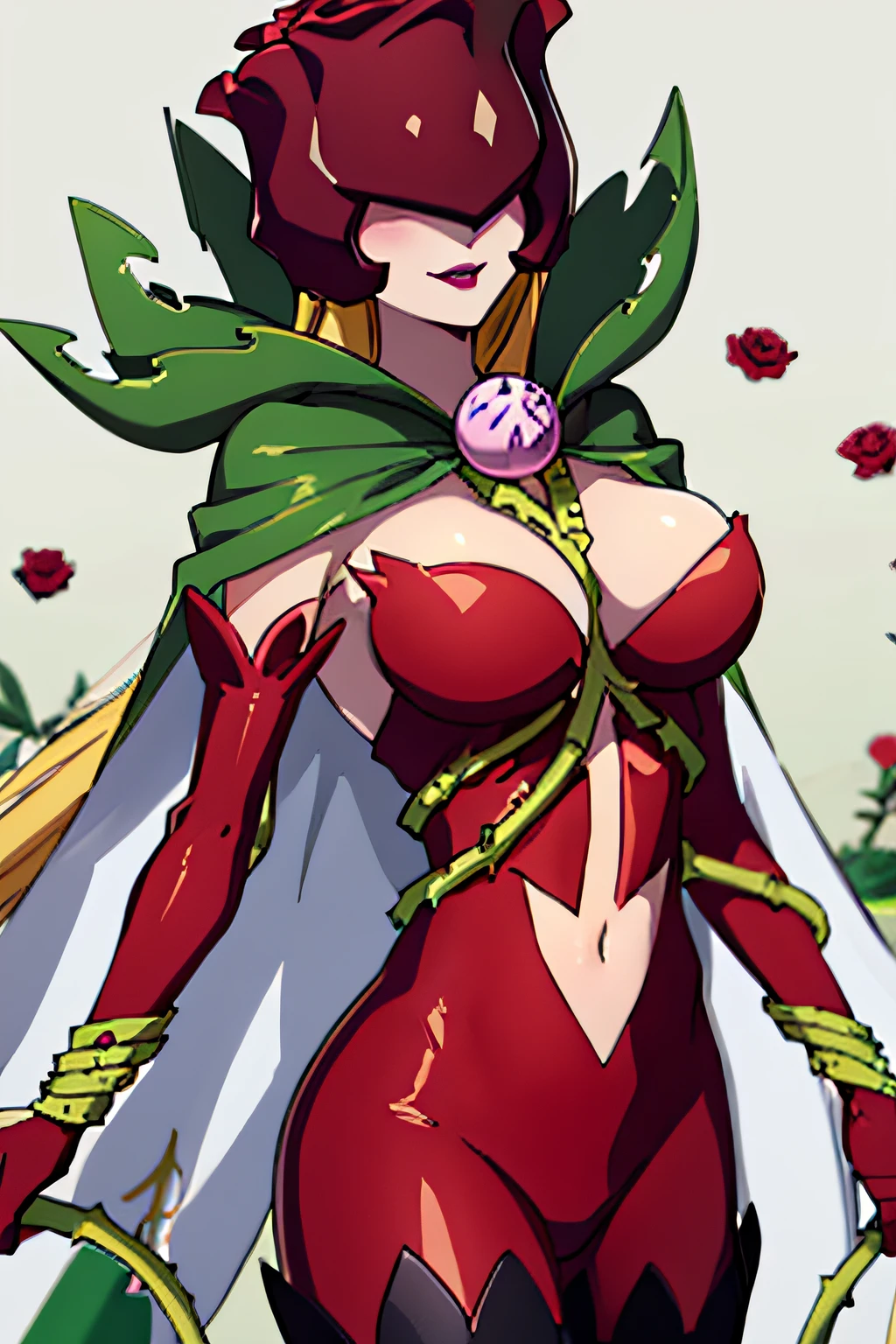 ANIME_rosemon_yugiho_ownwaifu, www.ownwaifu.com, digimon \(creature\), breasts, long hair, large breasts, lipstick, navel, makeup, covered eyes, monster girl, helmet, plant girl, colored skin, thighhighs, cleavage, petals, elbow gloves, navel cutout, red flower, red gloves, bodysuit, mask, thorns, cape, gloves, vines, rose, flower, plant, 1girl, solo, facing viewer, looking at viewer, upper body, smile