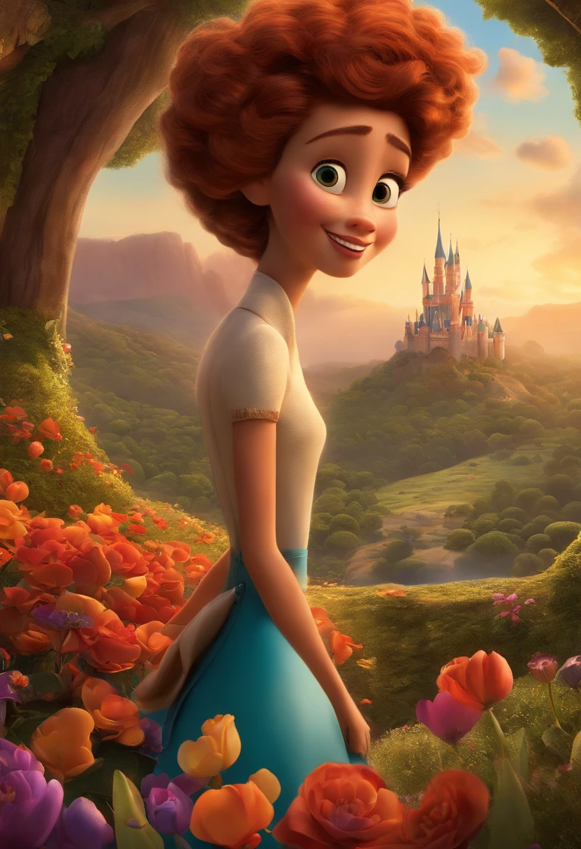 Um filme inspirado na Disney Pixar (mulher pele branca de 40 anos, tom da pele e branco, cabelos compridos, liso, olhos cor de mel) The scene being in the distinctive art of the PIXAR style, descolada e estilosa