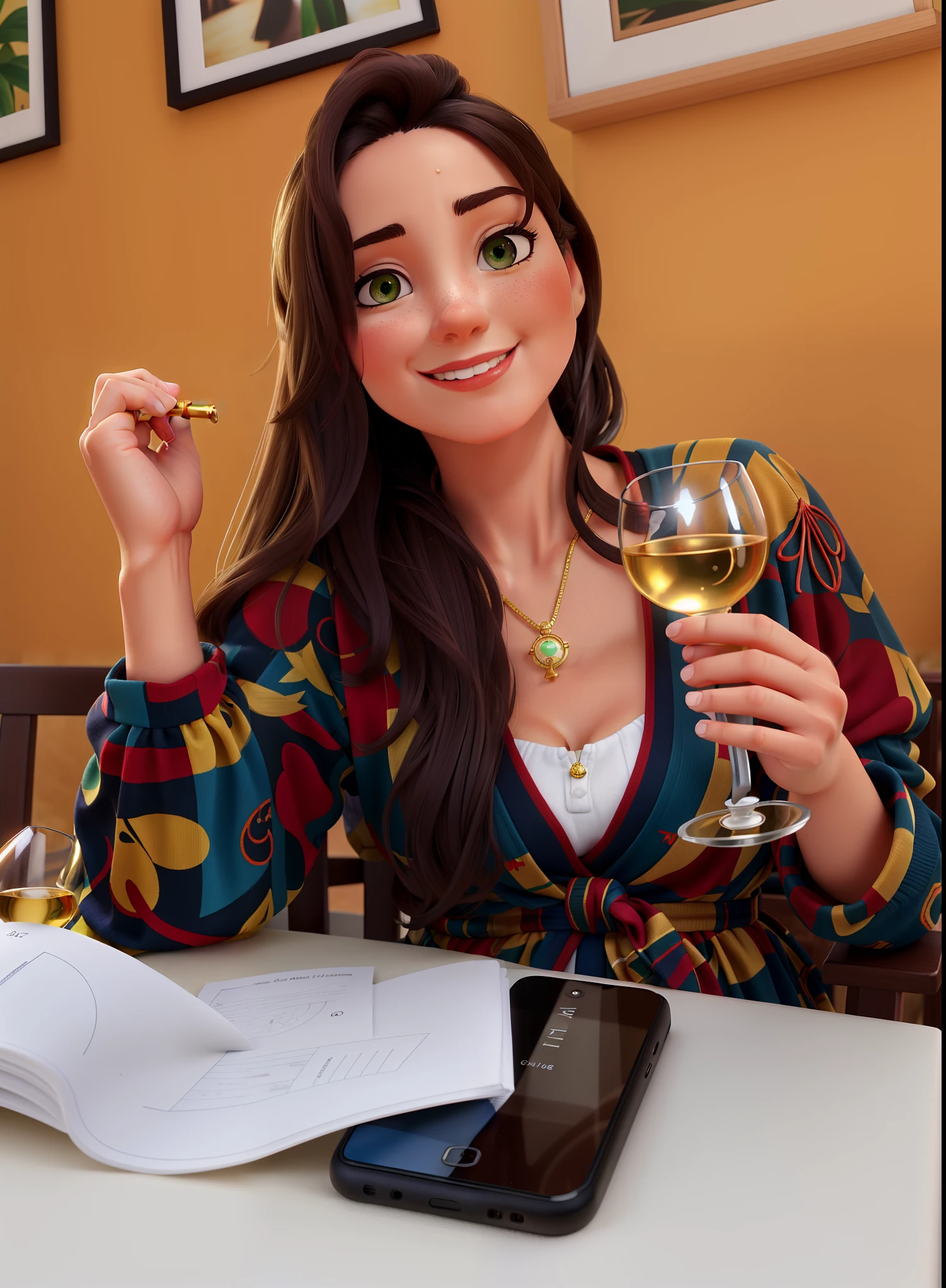 (best quality,4k,8k,Altas,master part:1.2),ultra-detalhado,(Realistic,fotorrealista,photo-realistic:1.37),mulher branca de olhos verdes bonita,sorridente,Medium brown hair, some hairs lightly covering the right eye,Traje elegante,with a medium bust and discreet neckline,Fine gold cord with small gold pendant,brincos de ouro,pele brilhante,letra hand Holding a glass with white wine, Closed left hand, striking facial features,tom de pele claro um pouco rosada,fundo vibrante,quadros de arte ao fundo,luz solar suave,tez clara a rosada,olhos expressivos,olhar intenso,postura confiante,maquiagem estilosa,Smartphone camera,high resolution image,Ambiente de jardim exuberante,vivid colors,cabelos castanhos longos e liso,European Print Headwrap,expression joyful,playful mood,Estilo Retrato,professional photographie,Artistic Perspective,candid shot,Empowering representation,energia positiva,feminine strength,Sombra escura Proud Heritage