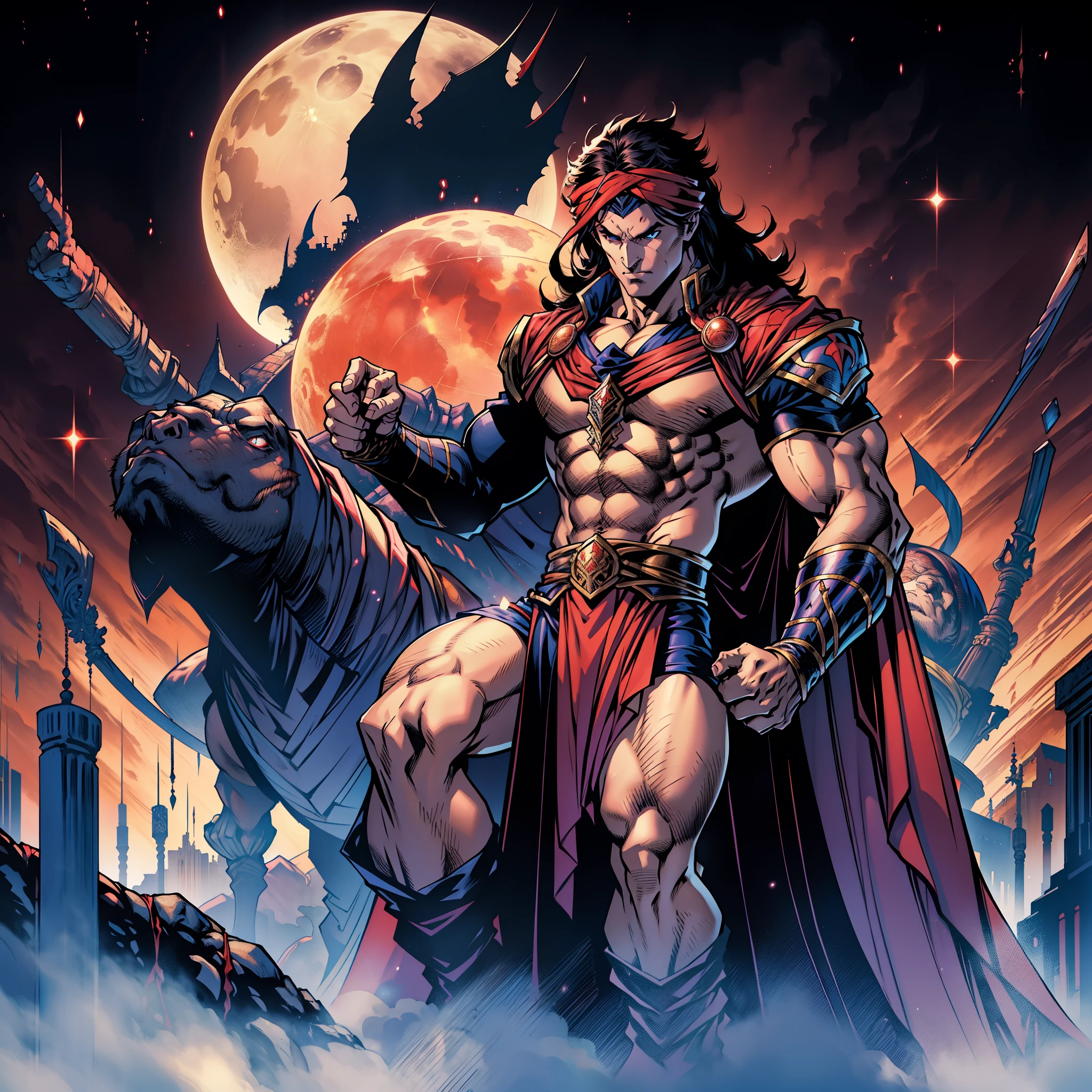Castlevania seigneur de l’ombre hyper réaliste super détaillé hokuto no ken kenshiro style musclé rouge turban marocain Castlevania Lord correct humain Anatomy coorect hands