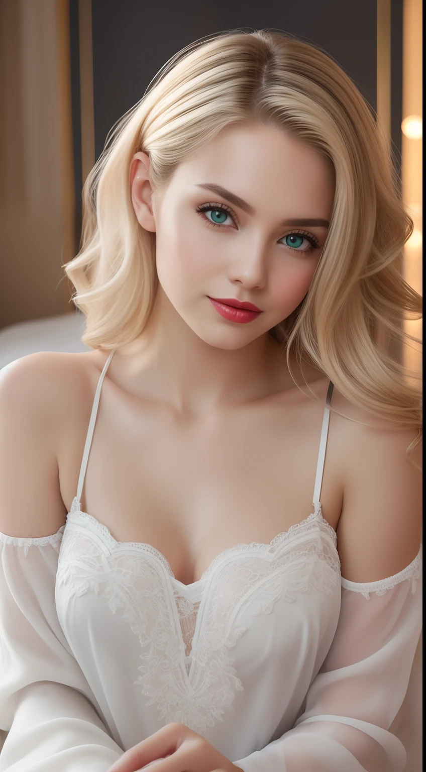 A young and beautiful woman, coiffed blonde hair,Gently drop to your shoulders in waves, Medium Tall, Big green eyes, with fair skin, She was in her pajamas, She was in bed, Do hair care before bedtime, The environment is illuminated by warm and pleasant lights,Make your hair sparkle, His face was naturally serene, Lips with red lipstick, 8K texture, highly detailed, realisticlying, Soft cinematic light, hdr, sharp fokus, tmasterpiece, Fotor is realistic, Award-winning photography, a Canon EOS R5, 35 mm