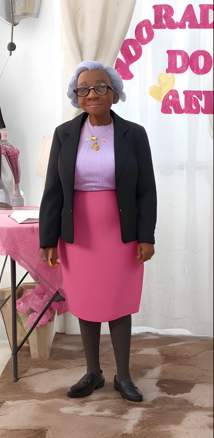 Elderly black woman, pink glasses, black blazer, pink t-shirt, long pink skirt, dress shoes, 74 years old.