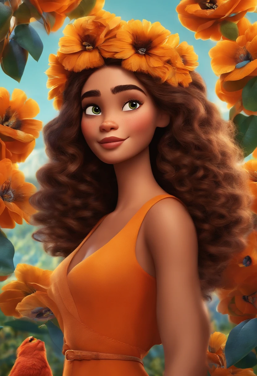 Um filme inspirado na Disney Pixar ( pele branca, cabelos castanhos comprido e olhos cor de mel. She's stylish, filme Disney Pixar