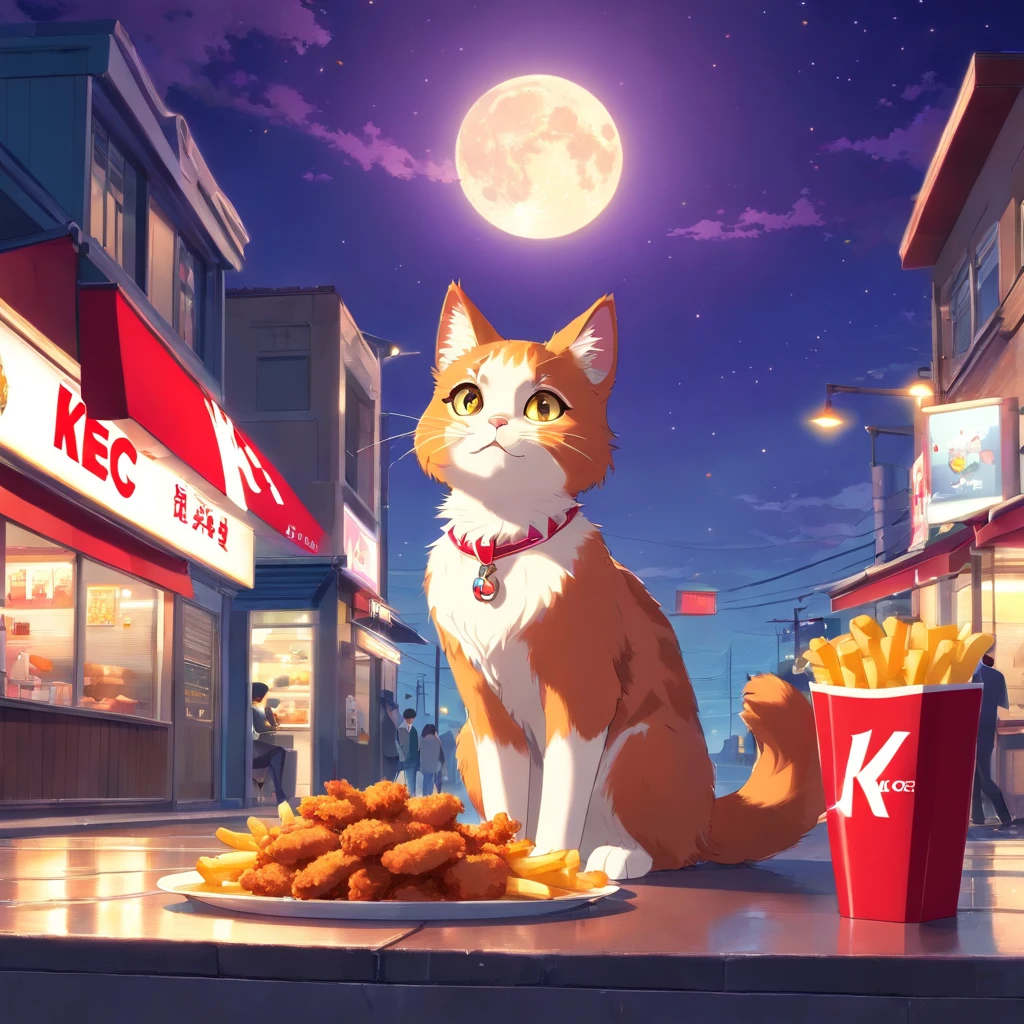 An exquisite CG illustration shows a cute cat with big eyes enjoying crispy fried chicken and fries in front of a KFC under a full moon. The cat is wearing a purple outfit.
