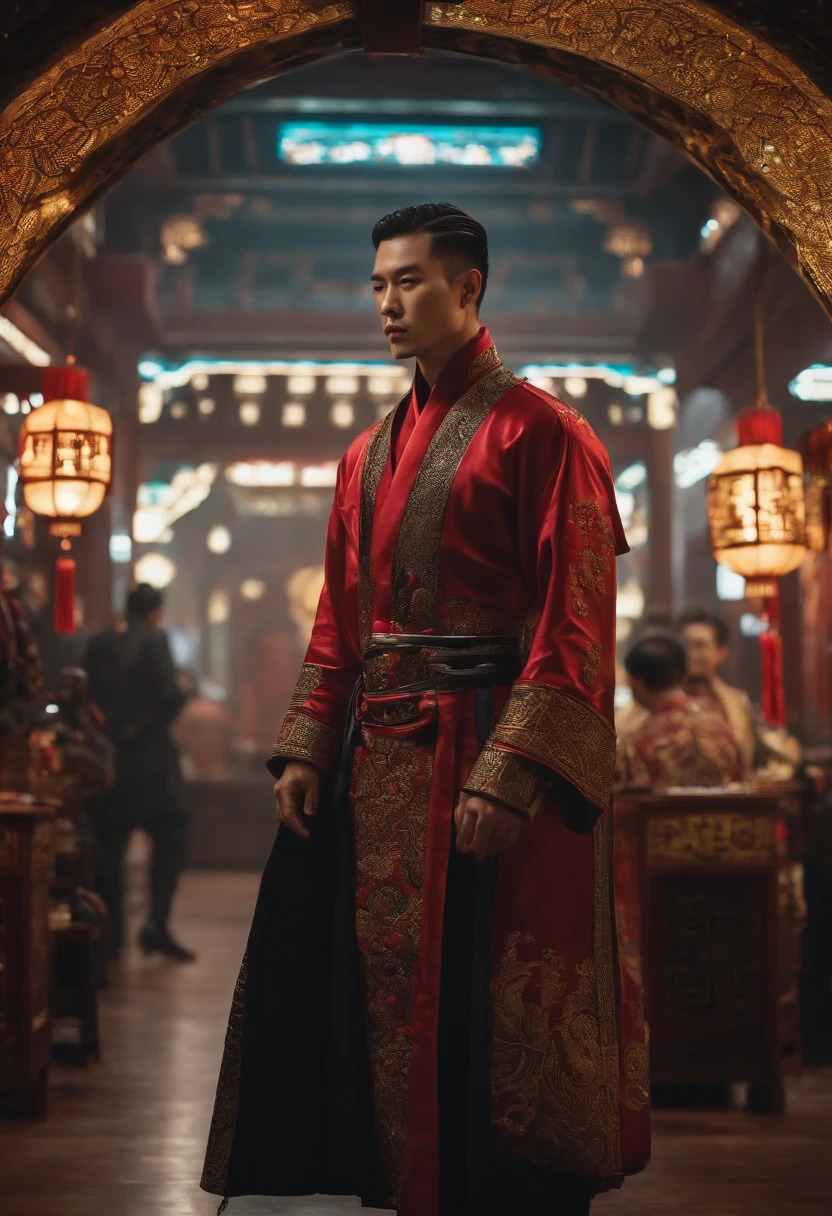 Homens, Chinese style, longos cabelos brancos, Cyberpunk, roupas vintage, disco Rigido, Mecha, corpo inteiro,