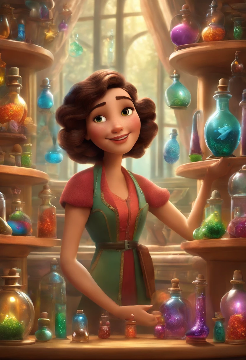 A collector of ideas inspired by Pixar animation, de perto. She is surrounded by a collection of magic vials, each containing a unique idea. The focus is on the character, with a captivating facial expression, Against a backdrop of shimmering, cores efervescentes.