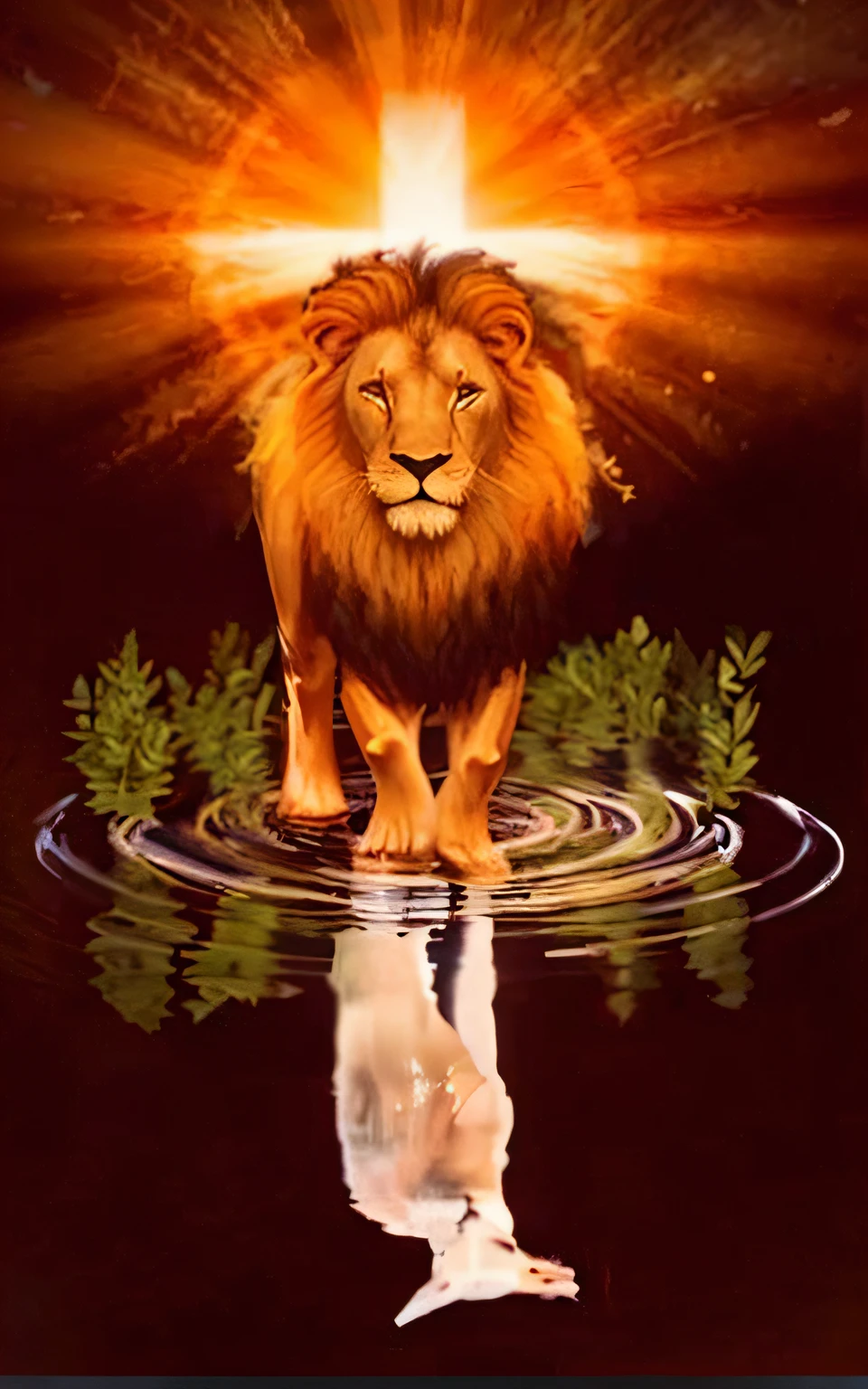 a cross illuminated with rays and shine dark brown background a lion facing forward walking on the water with olive branches and in the reflection of the water a lamb being reflected and redeeming realistic illustrative beauty and beauty