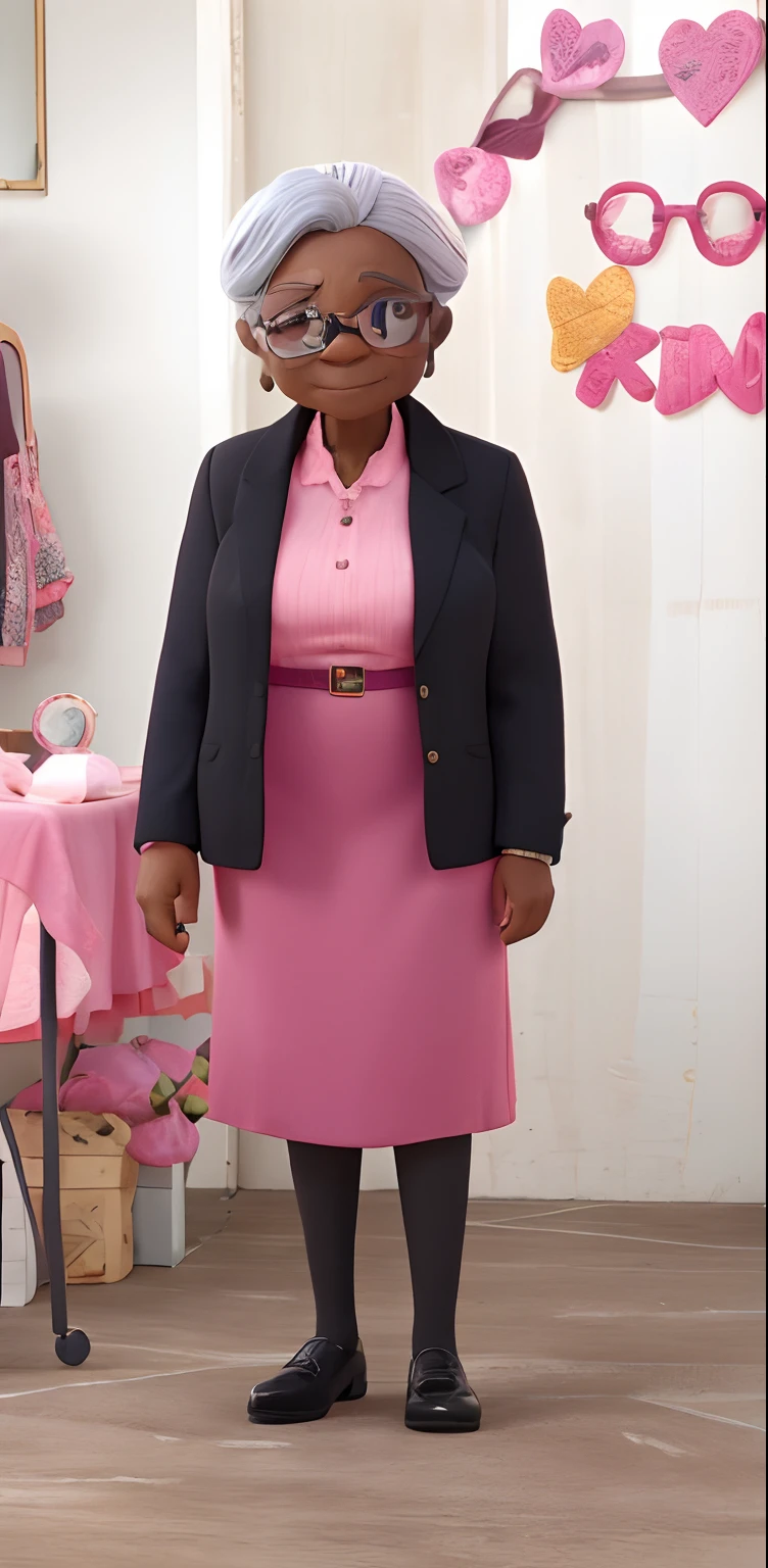 Elderly black woman, pink glasses, black blazer, pink t-shirt, long pink skirt, dress shoes, gray hair and black hairband, 74 years old.