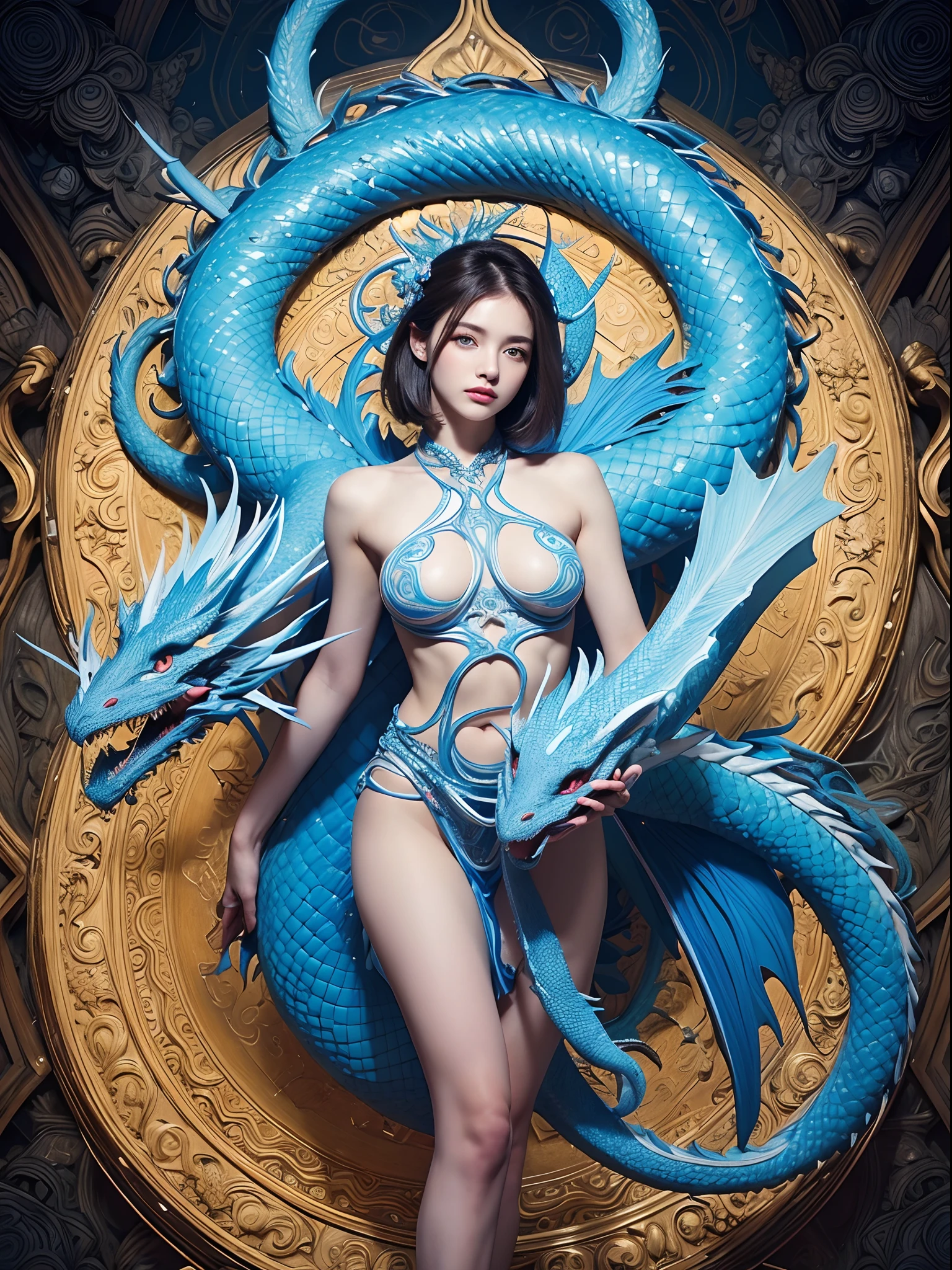 Official art, 统一 8k 壁纸, ultra-detailliert, Beautifully Aesthetic, masterpiece, top-quality, (Zentangle, a Mandala, Tangles, Entanglement), (Fractal Art: 1.3), 真实感, (masterpiece, top-quality, top-quality, Official art, beauty and aesthetic: 1.2), ighly detailed, Fractal Art, colourfull, best detailed, Zentangle, (Abstract background: 1.5)(1womanl: 1.3), Deities々, (light blue eyes), Mystical, (Ice Magic:1.2)、Yellow Spring Hell, (Ice Dragon:1.2), (a short bob:1.5), (Colossal tits)