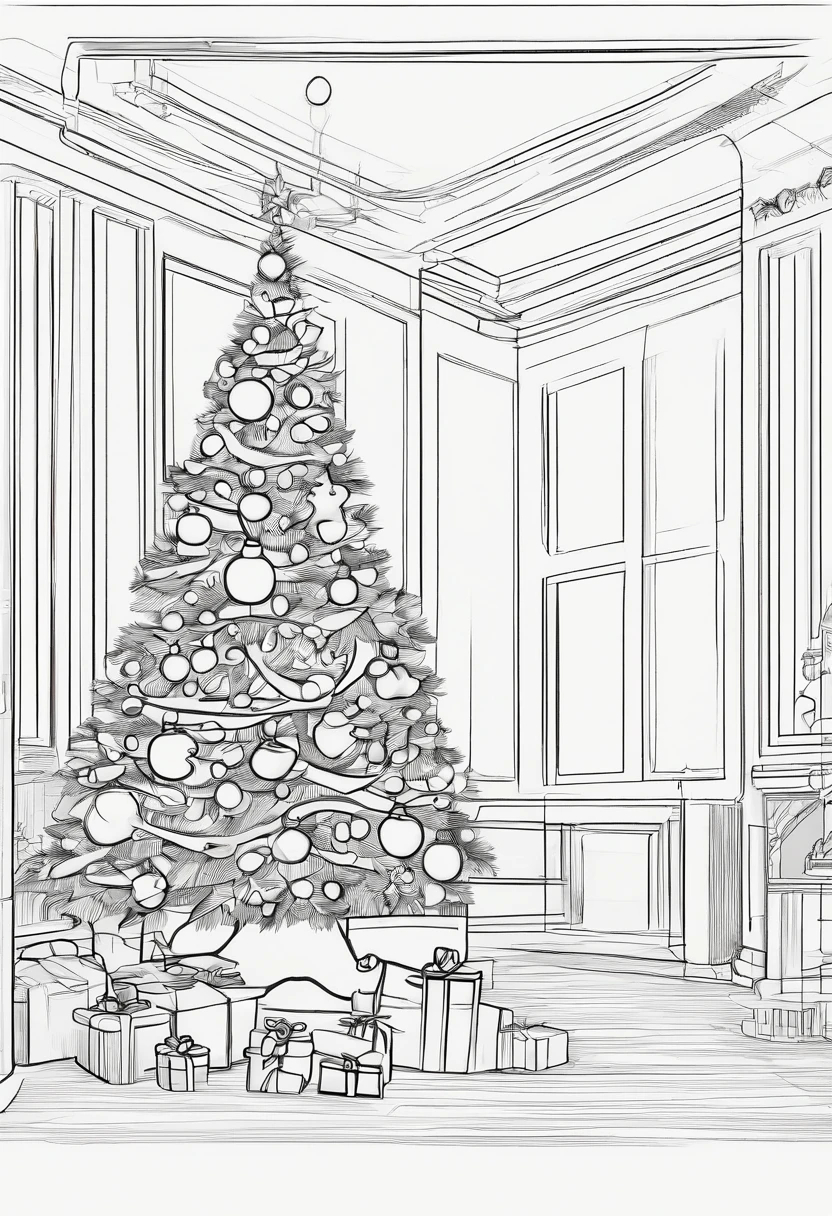 Outline art for kids coloring book page Christmas themed coloring pages Christmas tree ,full white ,kids style,white background whole,whole body sketch style,full body ((((white Background))) only use outline cartoon style,line art, coloring book ,clean line art,sketch style line art