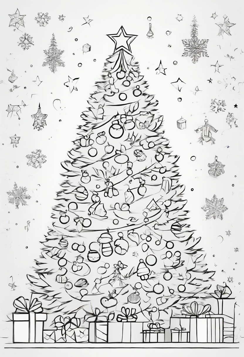 Outline art for kids coloring book page Christmas themed coloring pages Christmas tree ,full white ,kids style,white background whole,whole body sketch style,full body ((((white Background))) only use outline cartoon style,line art, coloring book ,clean line art,sketch style line art