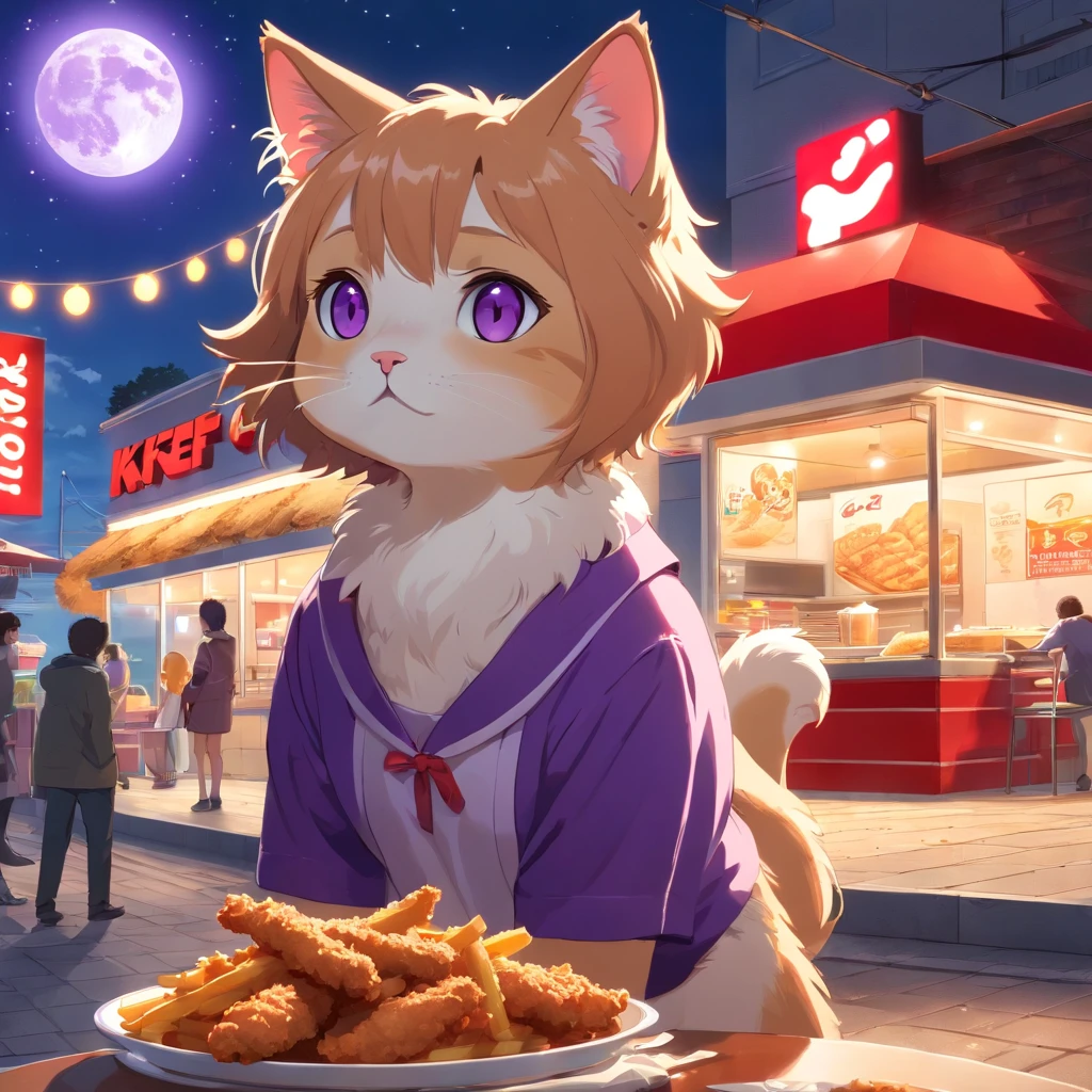 An exquisite CG illustration shows a cute cat with big eyes enjoying crispy fried chicken and fries in front of a KFC under a full moon. The cat is wearing a purple outfit.