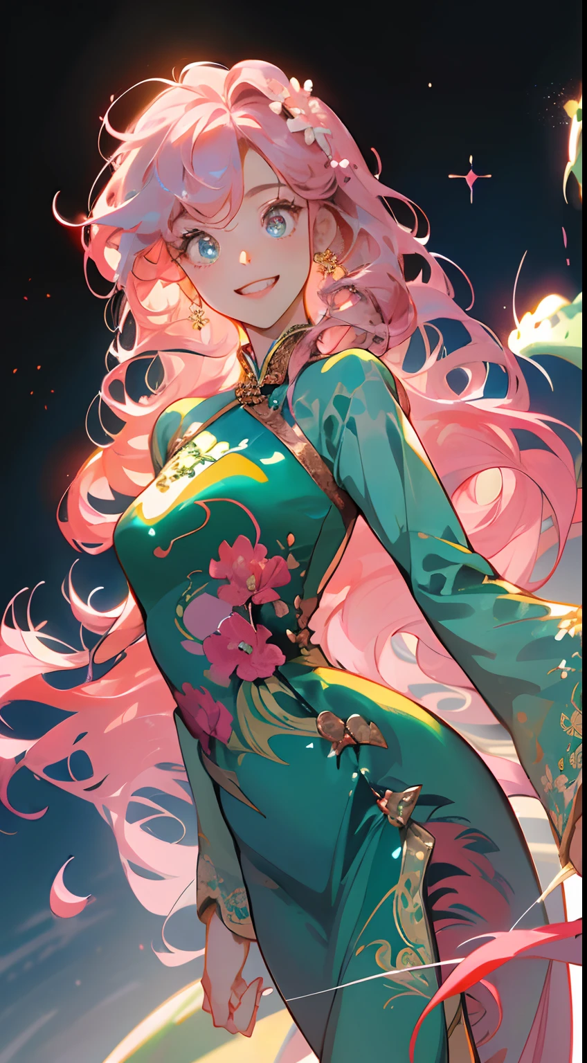 masterpiece , detailed image , detailed eyes , beautiful eyes , detailed hair , detailed hands , normal hands , detailed fingers , normal fingers , 1girl , solo , 20 year old girl , beautiful girl , cute girl , sparkling eyes, bright eyes, (long hair), waist length hair, ((Carnation-pink-colored hair)), (bangs hairs:1.5), happy expression, big smile, sharp teeth, big eyes , ((wearing an oversized Jade-colored thigh-length Ao dai design inspired by dinosaur theme :1.5 )), a cute thigh-length Ao dai design inspired by dinosaur theme , a Ao dai design inspired by dinosaur theme , Cute action , lovely pose, white background, black background, blurred background , above view