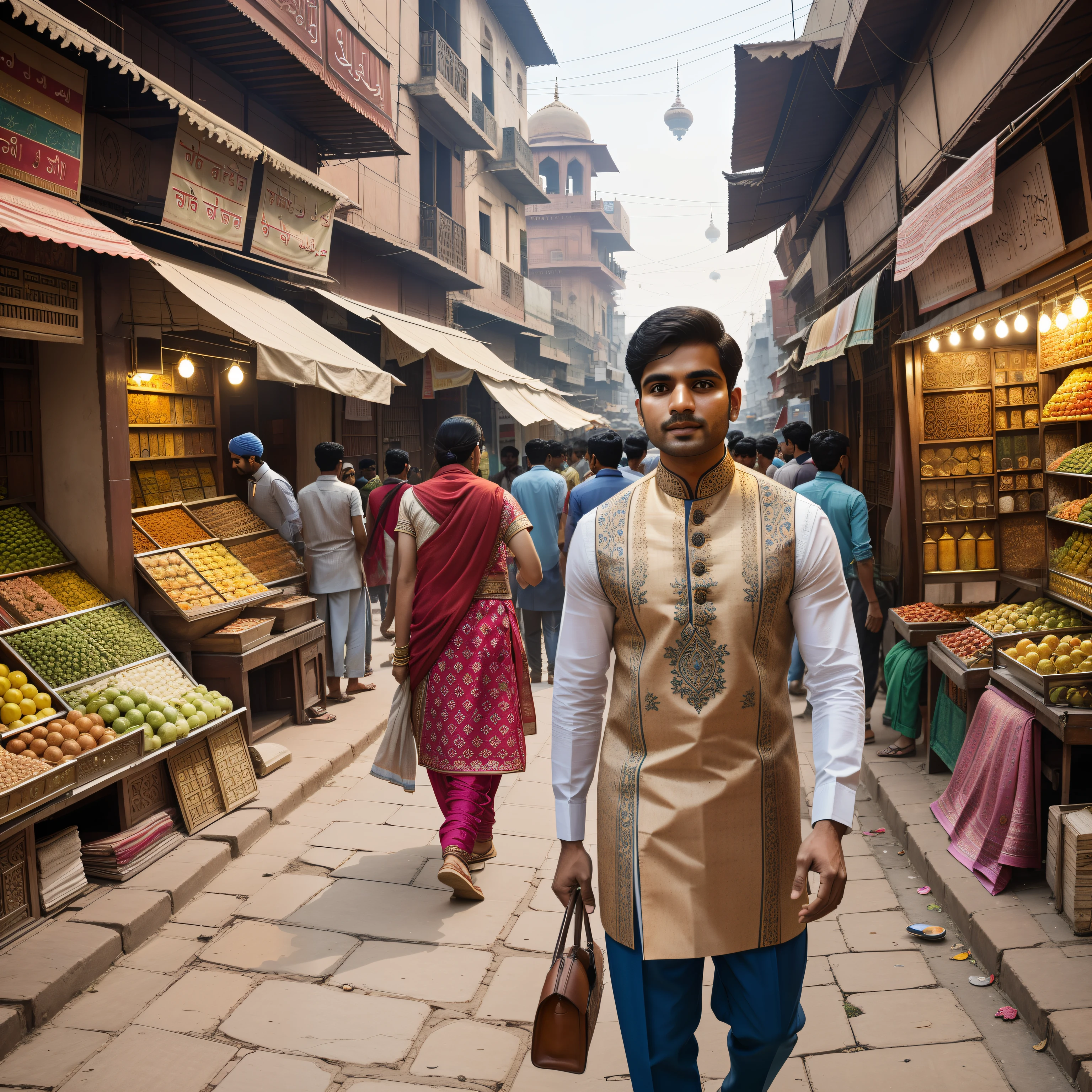 Picture a man standing amidst the bustling streets of Delhi, India, capturing the essence of the city's vibrant energy and cultural tapestry. The man should reflect the diversity and dynamism of Delhi's population.
He should have a medium skin tone, representing the various ethnicities and backgrounds found in the city. His facial features should be a blend of classic Indian characteristics, showcasing the beauty of Delhi's heritage.
Dress him in a combination of traditional and contemporary attire. Consider a tailored kurta with intricate embroidery, paired with modern trousers, symbolizing the harmonious coexistence of tradition and modernity in Delhi's fashion scene.
His stance should exude confidence and pride, reflecting the resilience and spirit of Delhi's residents. The background should showcase the city's architectural marvels, such as the Jama Masjid or Qutub Minar, hinting at the rich history and cultural significance of Delhi.
To emphasize the vibrant atmosphere of the streets, include elements like bustling markets, street vendors, and colorful signage in the backdrop. The image should evoke a sense of the city's liveliness and the constant movement that characterizes its streets.
Ultimately, the image should encapsulate the spirit of Delhi—a city that seamlessly blends tradition and progress, where history and modernity converge, and where people from all walks of life come together to create a unique and diverse tapestry of cultures.