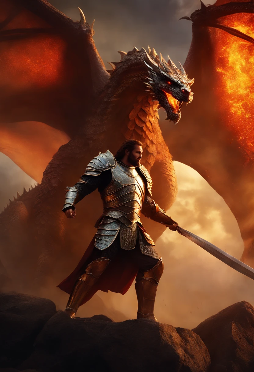(realistic, highres)A man with armor merging with a dragon,metallic armor,glistening scales,strong physique,glowing eyes,detailed claws,fire-breathing,fiery and intense color palette, epic battle scene,smoke and flames,ancient ruins in the background,medieval fantasy style,shining sunlight casting dramatic shadows.
