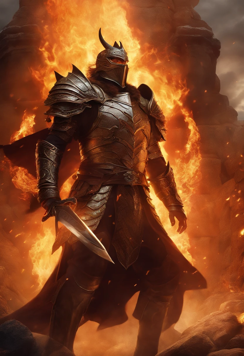 (realistic, highres)A man with armor merging with a dragon,metallic armor,glistening scales,strong physique,glowing eyes,detailed claws,fire-breathing,fiery and intense color palette, epic battle scene,smoke and flames,ancient ruins in the background,medieval fantasy style,shining sunlight casting dramatic shadows.