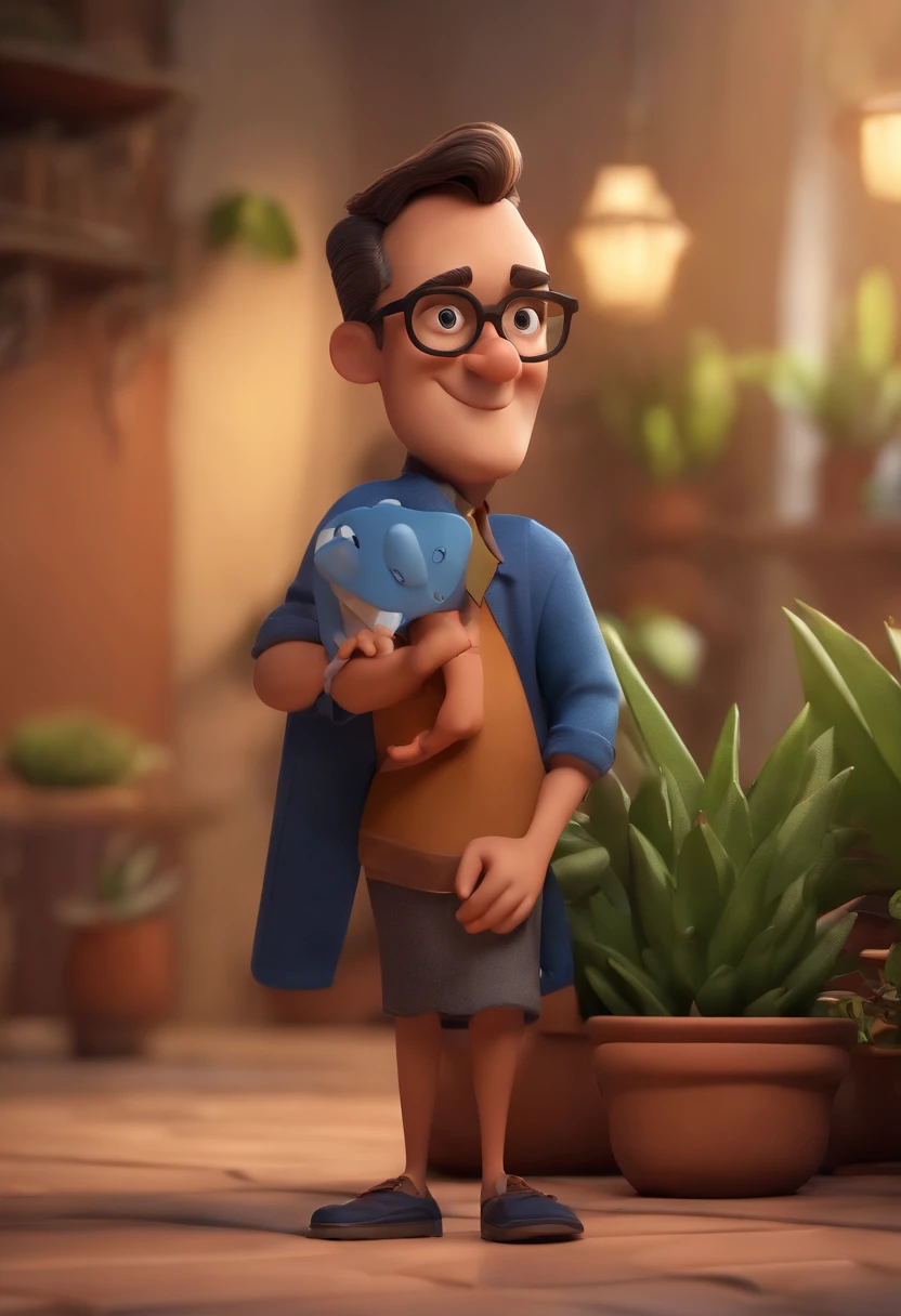 Cartoon character of a man wearing black glasses and a blue shirt, um personagem animado, Caractere estilizado, animation style rendering, 3D estilizado, Arnold Maya render, 3 d render stylized, toon render keyshot, Personagem 3D, Personagem 3D, 3d rendering stylized, 3 d character render, personagem de desenho animado, Personagem de close up, Pose de personagem, (Estilo Pixar) (master part:1.2) (Bokeh) (best quality) (pele detalhada) (textura detalhada) (8k) (argila) (Cinematic lighting) (foco nítido,Senta e vaza a parte superior do corpo