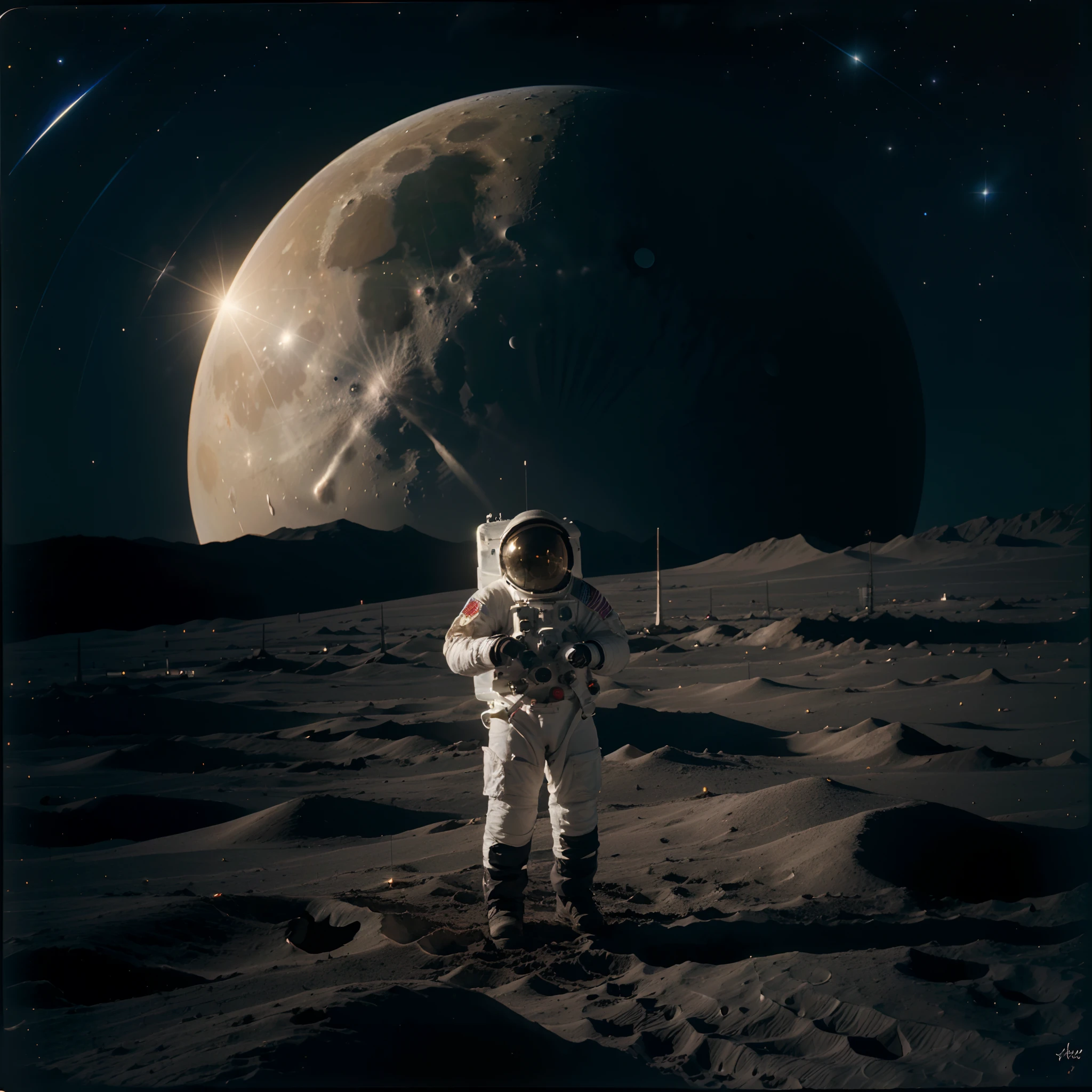 (best quality,4k,8k,highres,masterpiece:1.2),ultra-detailed,(realistic,photorealistic,photo-realistic:1.37),moon,surface,astronaut,spacesuit,stars,planet earth IN SKY,dark,moody,retro,nasa,1970,low-fi,grainy,sci-fi