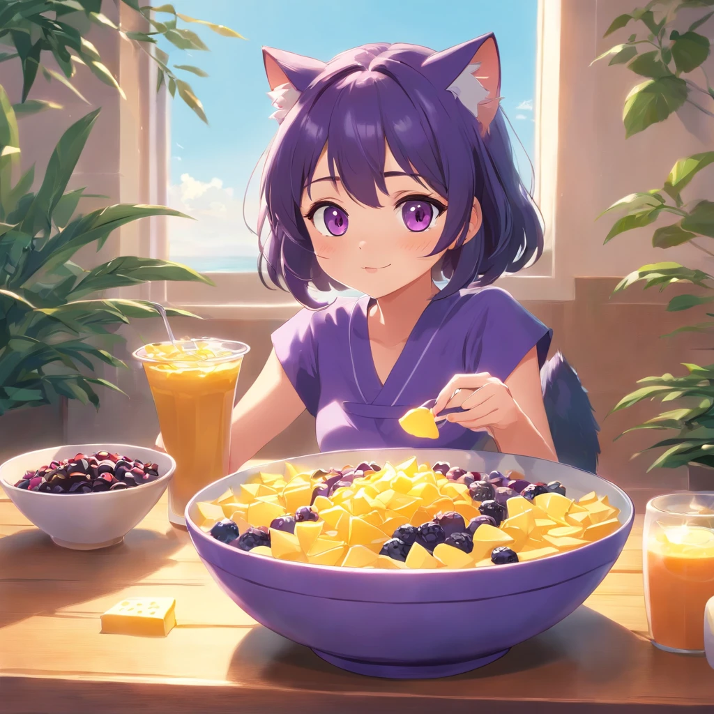 An exquisite CG illustration shows a cute cat with big eyes enjoying acai bowl and chips in front of an acai cia, sob uma lua cheia. The cat is wearing a purple outfit.