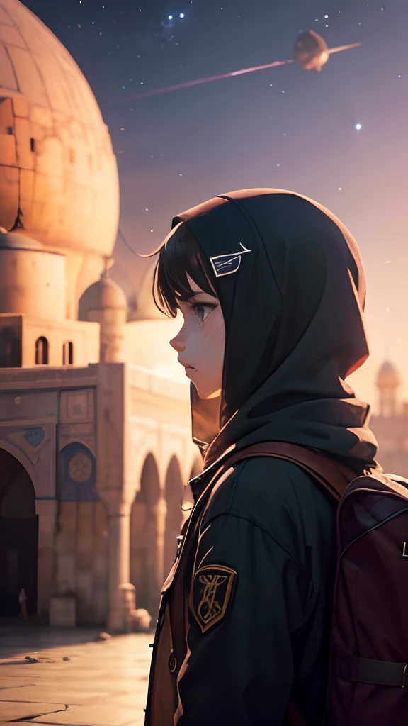 Create a poignant scene with Al-Aqsa Mosque at its heart, encircled by the devastation of war-torn buildings, featuring an anime-style young boy shedding tears, all in the emotionally charged Makoto Shinkai artistic style, Al-Aqsa Mosque, big fantasy city, Science fiction, ethereal city, many planets in the skies, clouds around, celestial architecture, purple energy scarring around, astral skies