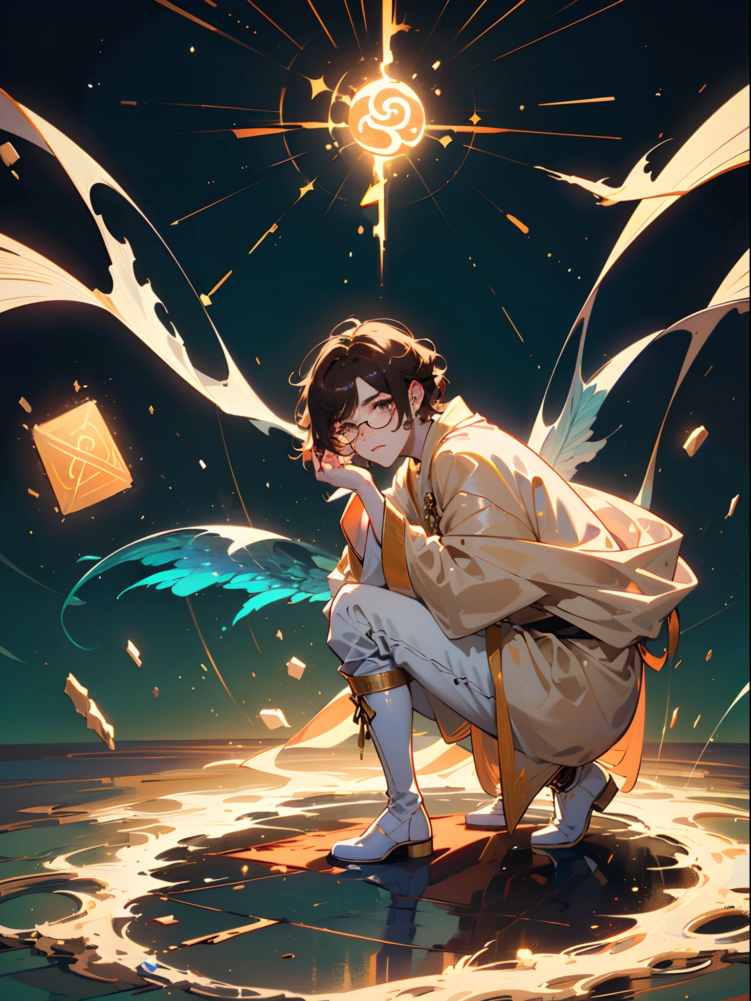 (Shot Full Body:1.3),(((Masterpiece))), (((Best Quality))), ((Ultra-detailed)), (Cinematic lighting), (illustartion), (beautiful detail eyes), (1boy, ember, Adult, round facial features:1.3), Depth of field, (Peach skin color, Halfling:1.3), (((Masterpiece, hiquality, hight resolution,Detailed background, Good eyes, frown, Serious, Chubby, Calm Wizard Pose, Magic aura, good anatomy, dreamy))), (Young face, looking at the side, freckles:1.2), (dark caramel hair, Short hair, Wavy Hair:1.5), (goatee: 1.3), ((eyeglasses)), , Kingsglaive Apparel, ((Fantasy wizard outfit, Light-colored clothes, Mint Green Long Bathrobe, fantasy outfit, breeches, knee boots), Adventurer's clothes,Adventurer's clothes,glowing eyes,(brown eye), Luminous particles of stars, Astral cosmic background, (using magic:1.4), (absurdress, hight resolution, Ultra Detailed),Finely detailed eyes and detailed face, (Quetzalcoatl)