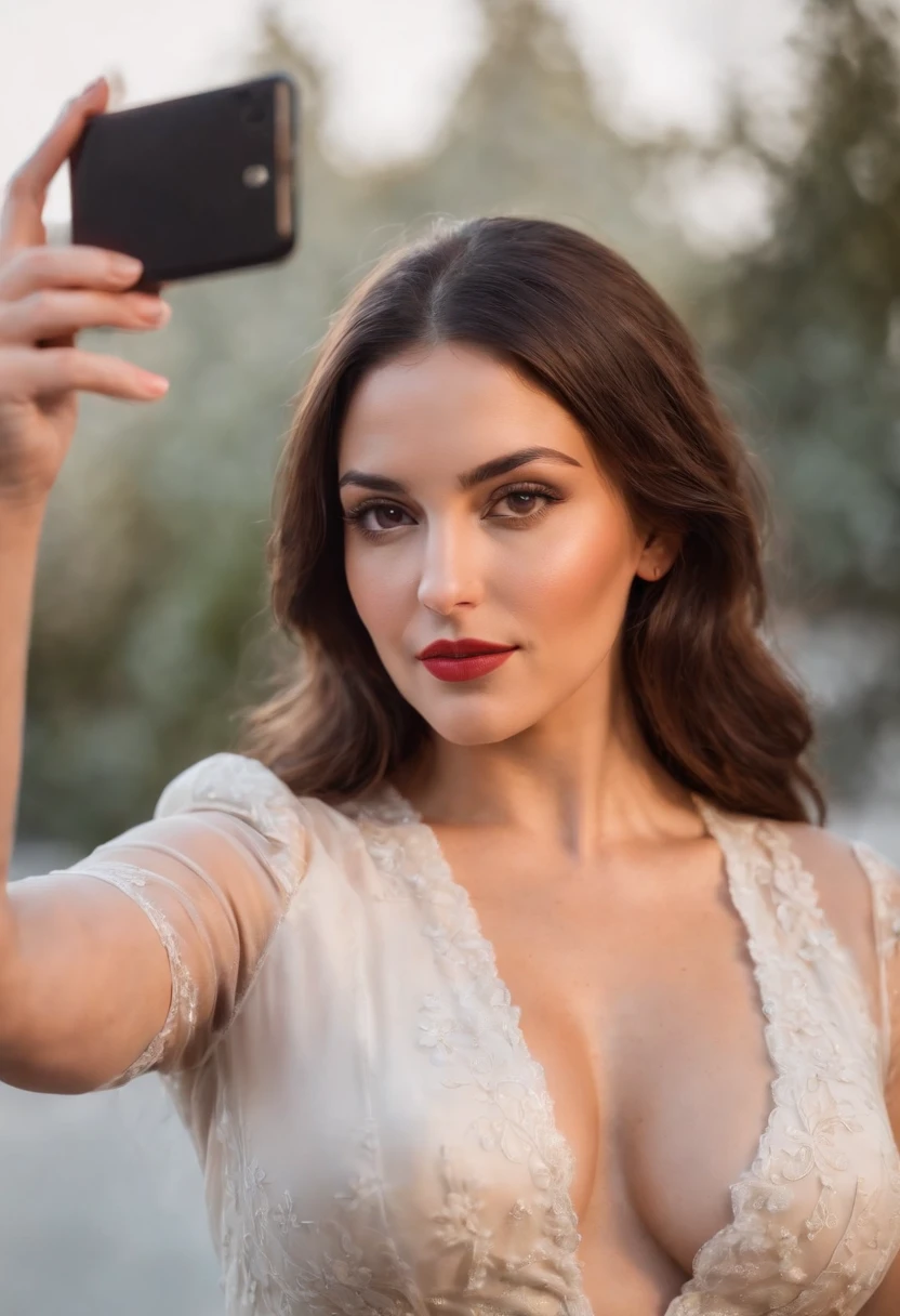 Curvy beautiful brunette spanish woman with long gala besting taking a selfie