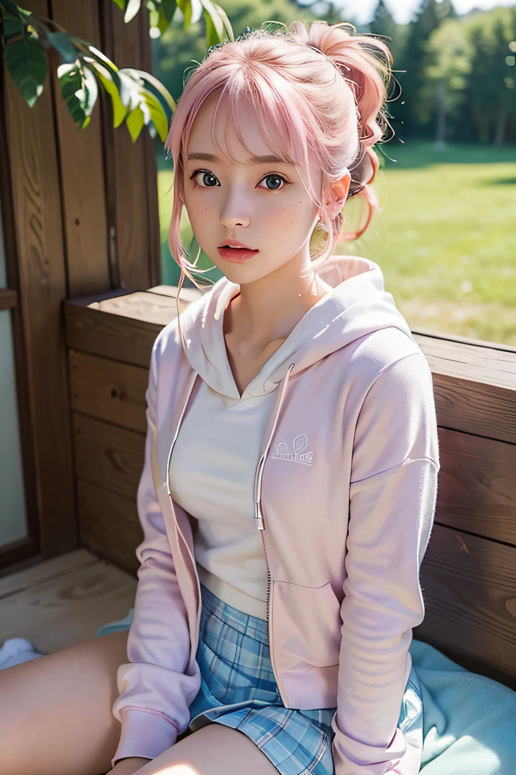 (8k, RAW photo, best quality, masterpiece), (realistic, photo-realistic:1.2), ultra-detailed, 1 girl,cute, solo,beautiful,nose blushing,soft mouth,beautiful detailed Blue eyes, wearing Hoodie jacket, shirt, skirt, average body, floating pink hair, pink hair, GIRL,FEMININE, blue eyes, ultra-fine details, intricate scene, ambient lighting, soft glow, elegant,symmetrical facial features, accurate anatomy, anatomically correct girl, scenic, gossamer, ethereal,ponytail,gentle,mild,wise, sitting, upskirt showing panties, panties visible