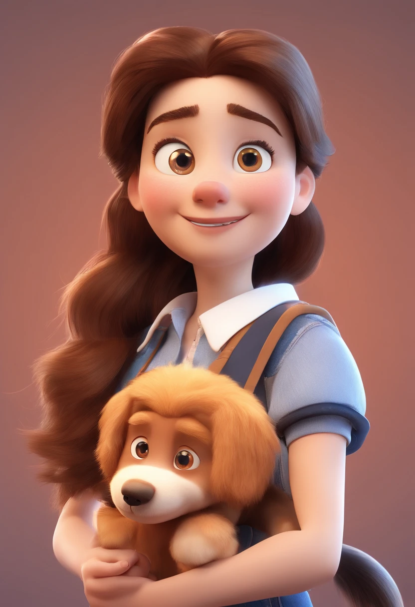Pixar style a mother in a ponytail,u um menino de 13 anos com cabelo preto, uma menina de 8 anos com cabelo castanho e um cachorro border collie preto e branco