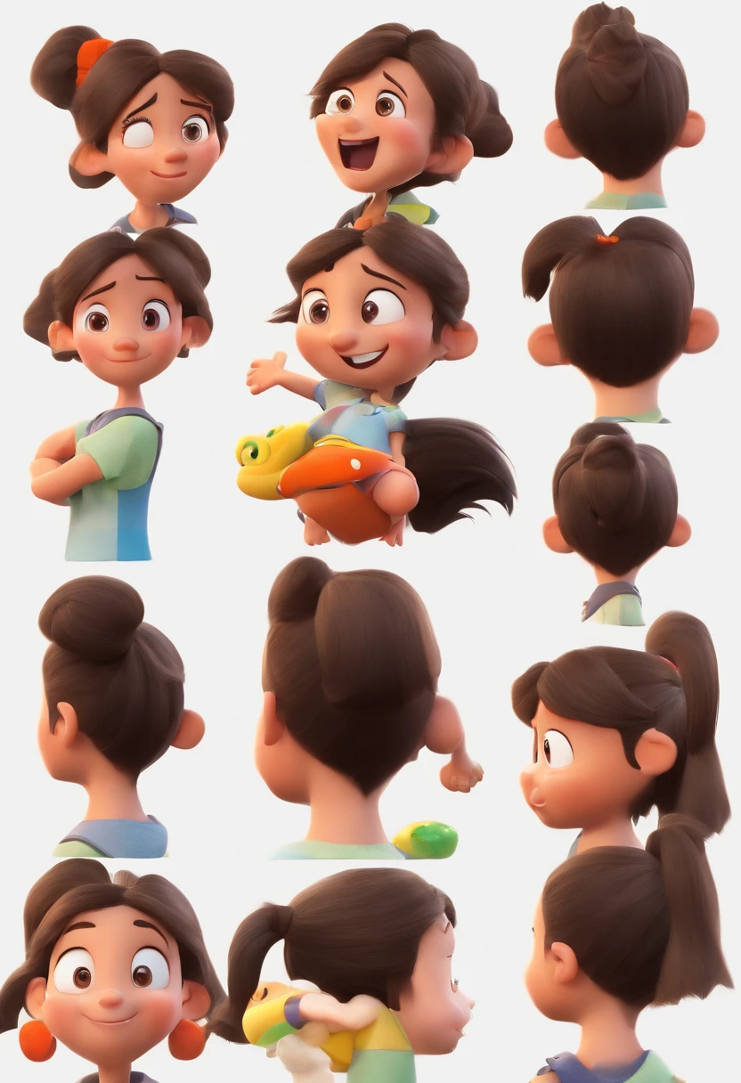 Pixar style a mother in a ponytail,u um menino de 13 anos com cabelo preto, uma menina de 8 anos com cabelo castanho e um cachorro border collie preto e branco