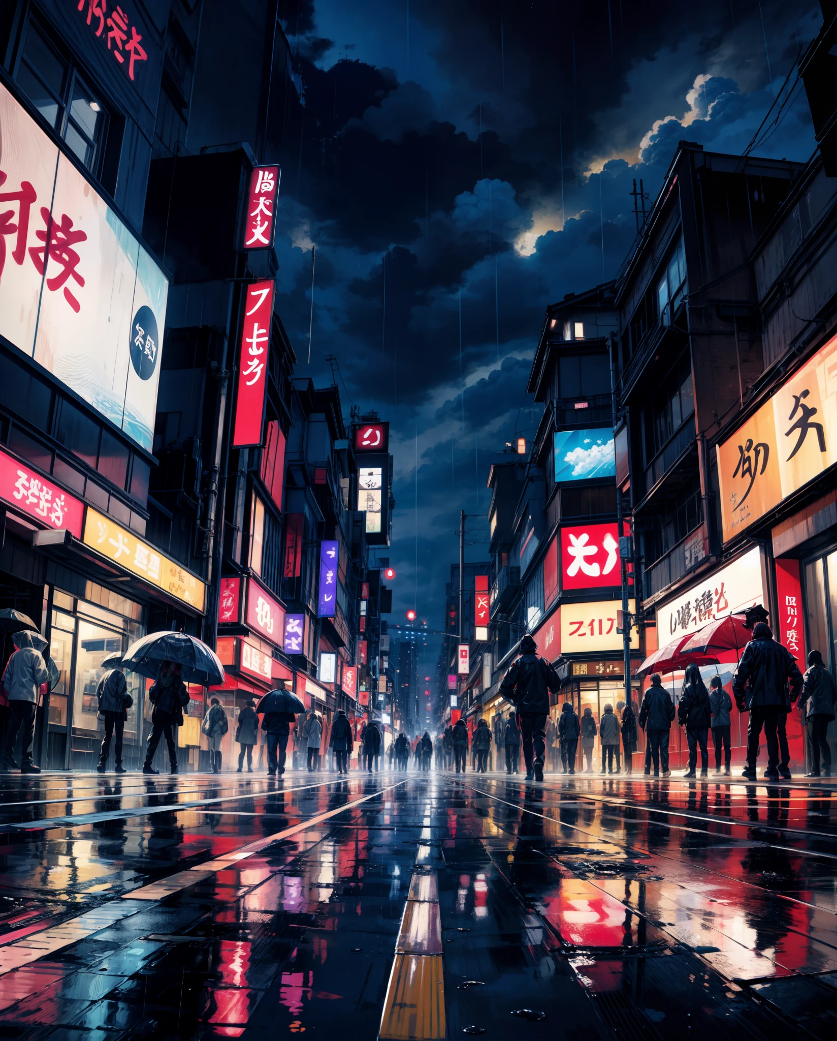 painting of a rainy time tokyo city, alleyway , beautiful scenery, rainfall,wet pavement ((glistening look)),hd, High quality, water reflection, bushes,4k hd, cloud,beautiful art uhd 4 k, a beautiful artwork illustration, beautiful digital painting, highly detailed digital painting, beautiful digital artwork, detailed painting 4 k, very detailed digital painting, rich picturesque colors, gorgeous digital painting