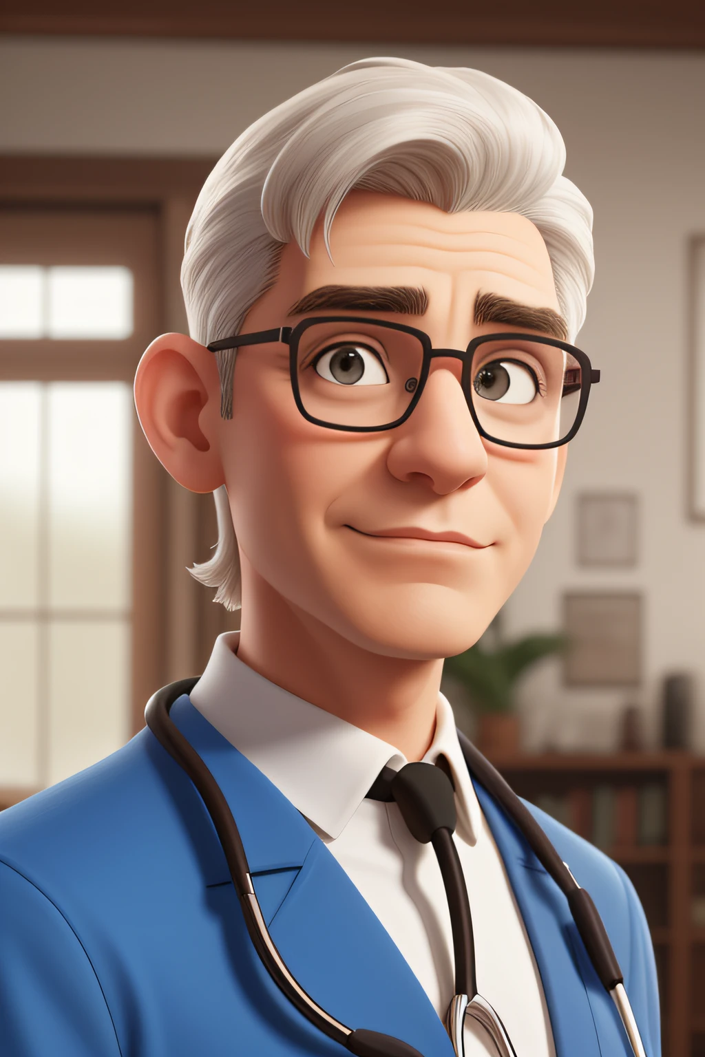 Homem 55anos, cabelos castanhos escuro curto, repartido ao meio, eyeglass, rosto normal, vestindo jaleco branco, stethoscope hanging around the neck