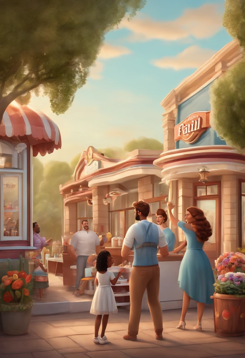Pixar 3D-style drawing of an ice cream parlor with a family in front of it, pai alto e branco cabelo preto e barba, Average Mom, morena cabelo longo e cacheado, filho maior branco, cabelo castanho curto e com franja, filha menor morena, cabelo longo castanho e com franja.