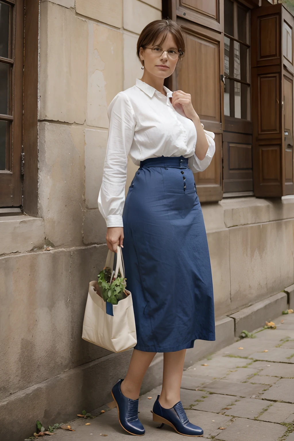 A mature woman cheveux bleue très longs , short feuilles de salade et légumes , chaussures escarpins, Retro Wearing 1890