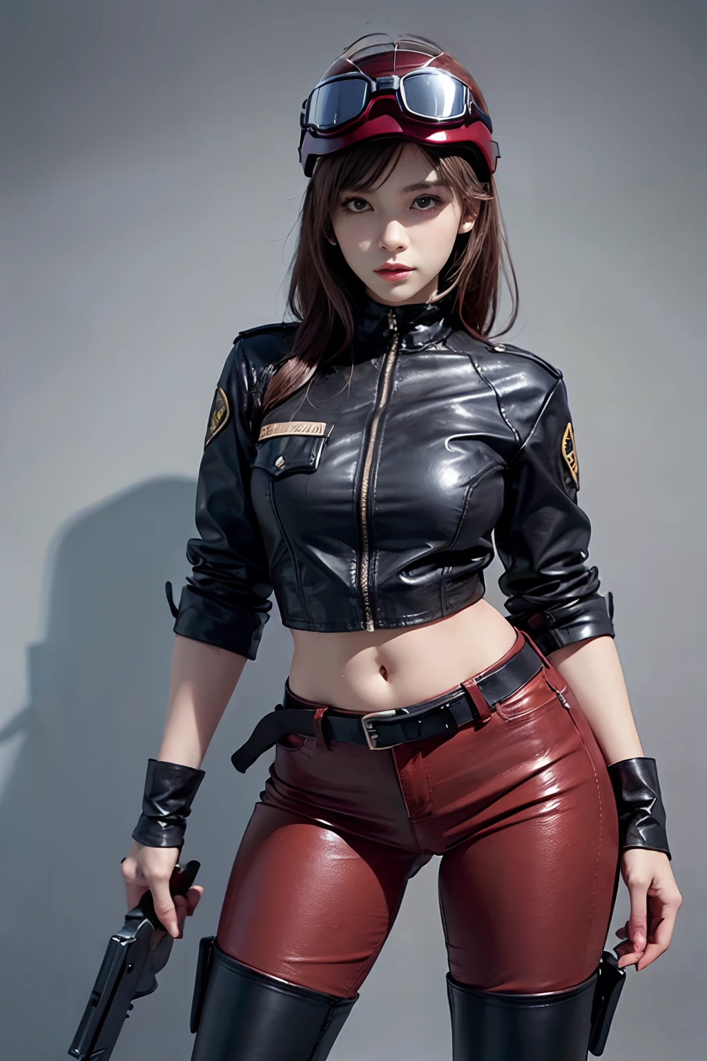 art by katsuya terada, art by range murata, art by akiman, art by JUNNY, Full body shot portrait of cute slender Young Japanese hit girl, Battle Scars, Realistic skin texture, Few moderate moles, wearing a suit, hold a gun, Red Circle nightclub in San Diego, Red and blue cinematic lighting, highly detailed, ray tracing, digital painting, concept art, smooth, sharp focus, illustration, 8k