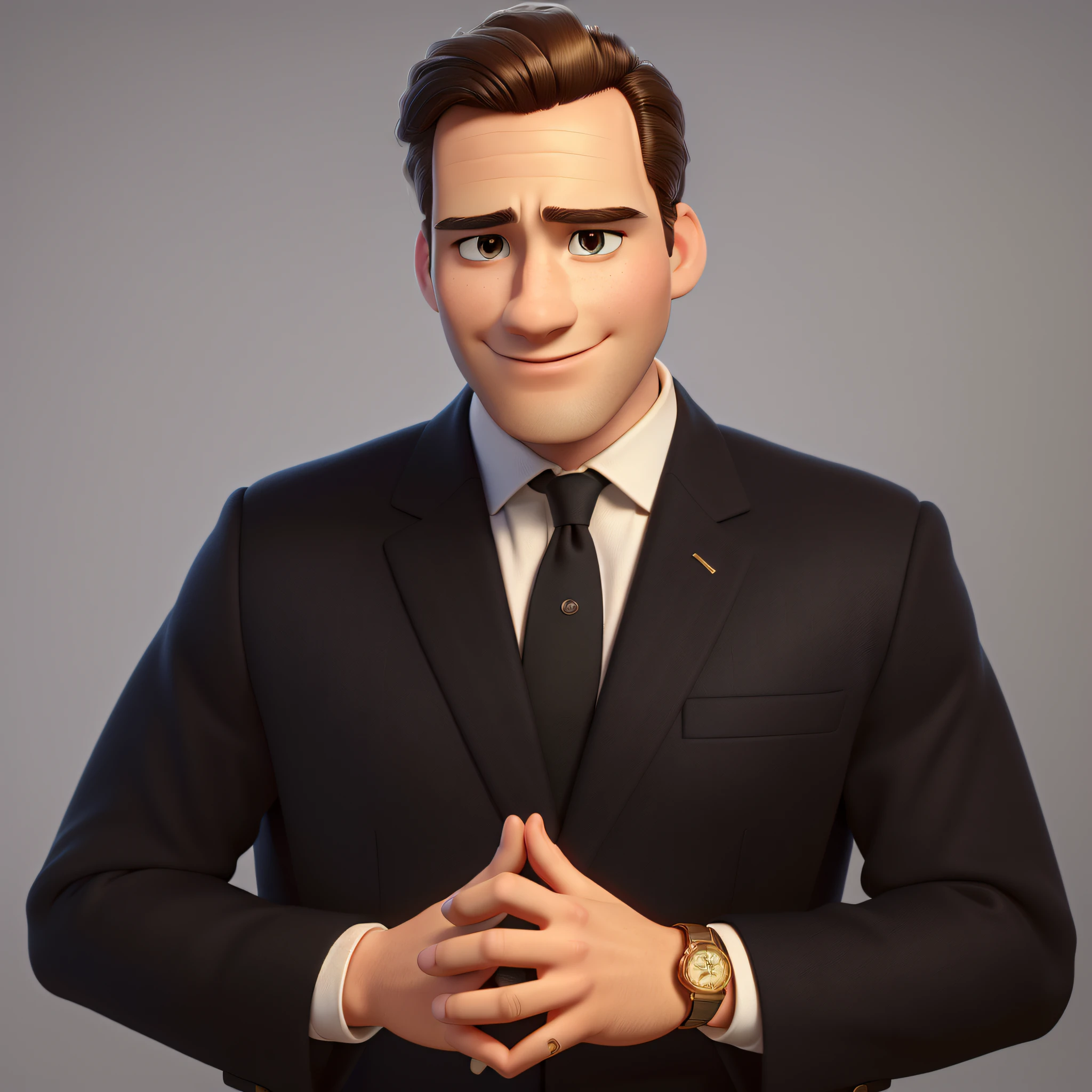 "(Best quality, 4k, 8k, highres, masterpiece:1.2), Pixar style, young appearance, beautiful hair, youthful face, lawyer, handsome, (without wrinkles:0.9), attractive and elegant, gold watch and ring"