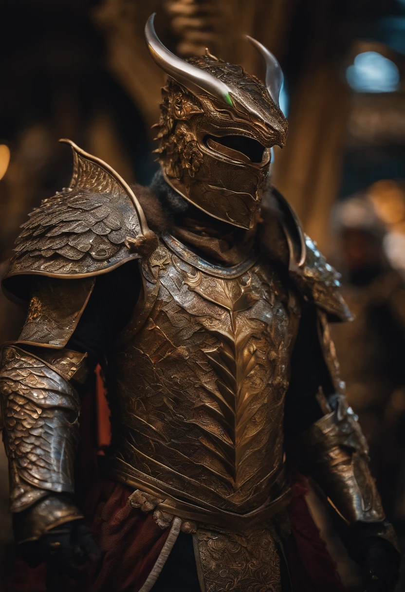 Man with a metallic scale armor, and a dragon's face emblazoned on his chest