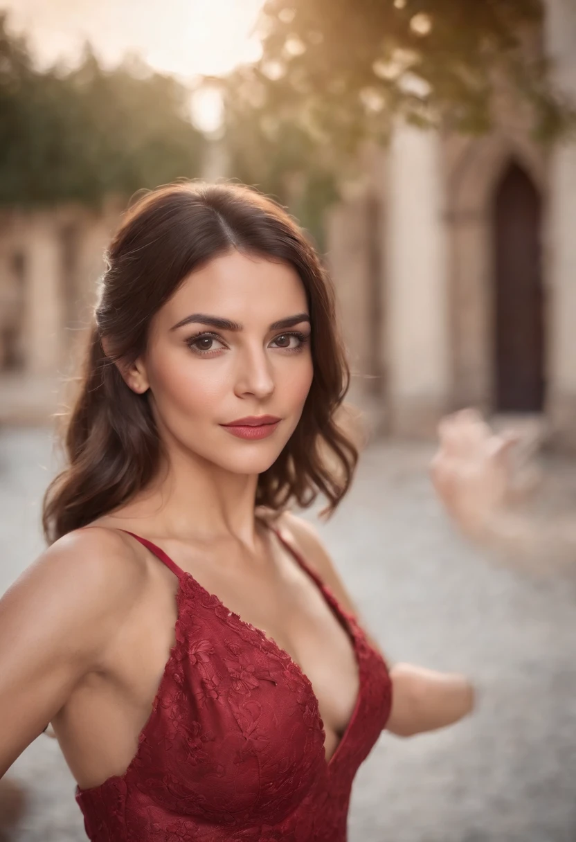 Maximum realistic style brunette spanish woman in long dress taking a selfie